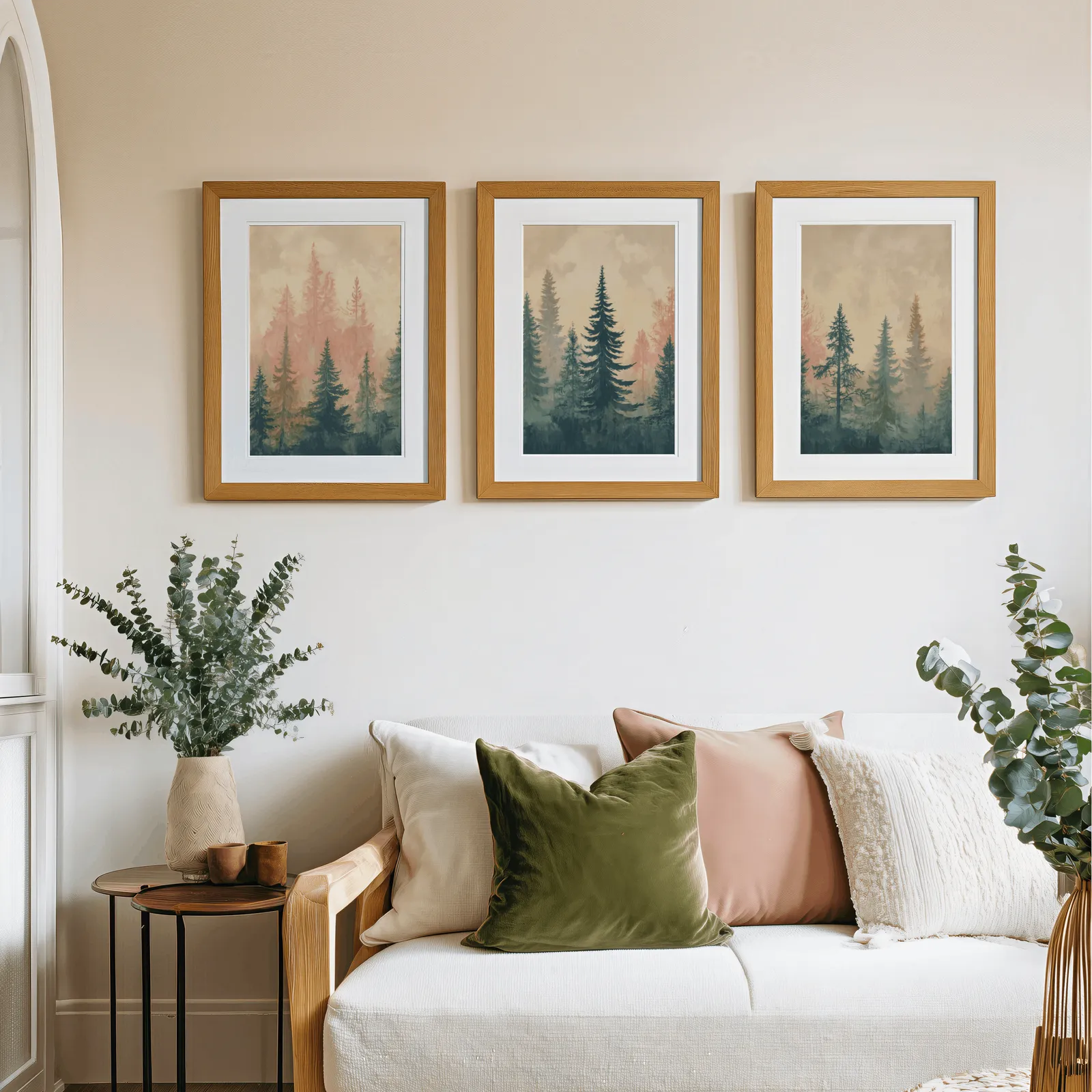 misty forest triptych wall art in pink and blue, above a cream sofa piled with olive and blush pillows