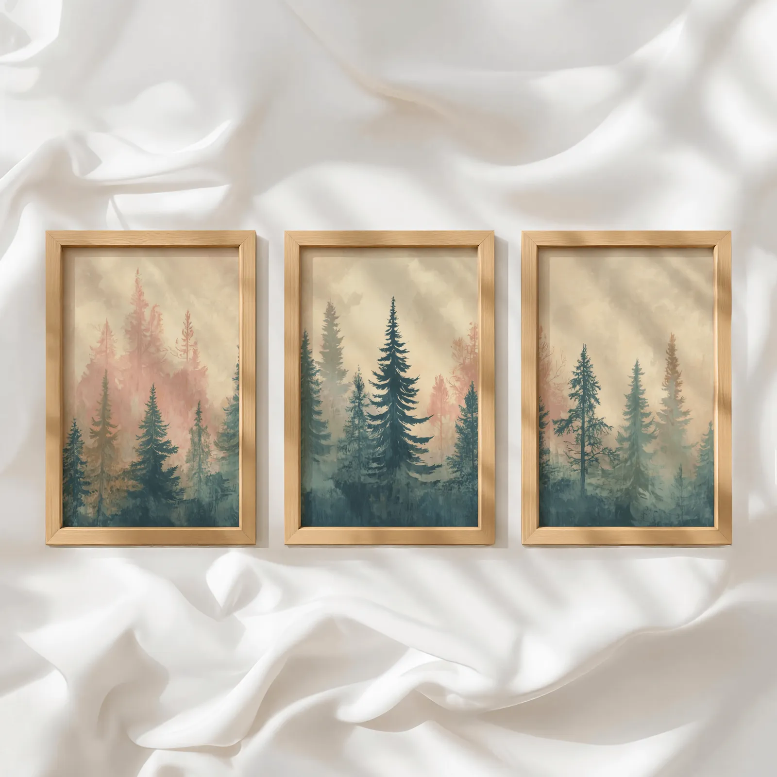 misty forest triptych wall art in pink and blue, in a row atop rumpled white silky fabric