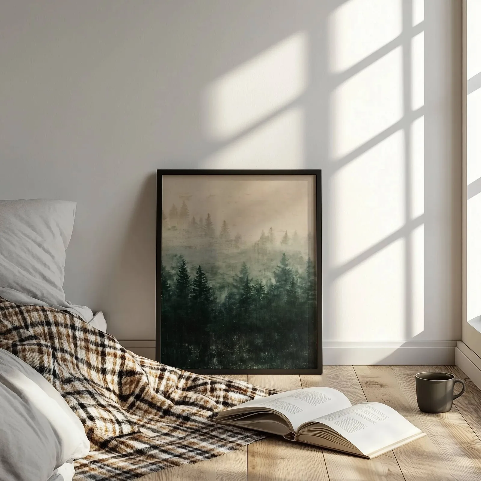 misty forest wall art in green and cream, leaning on the floor beside a plaid throw and open book