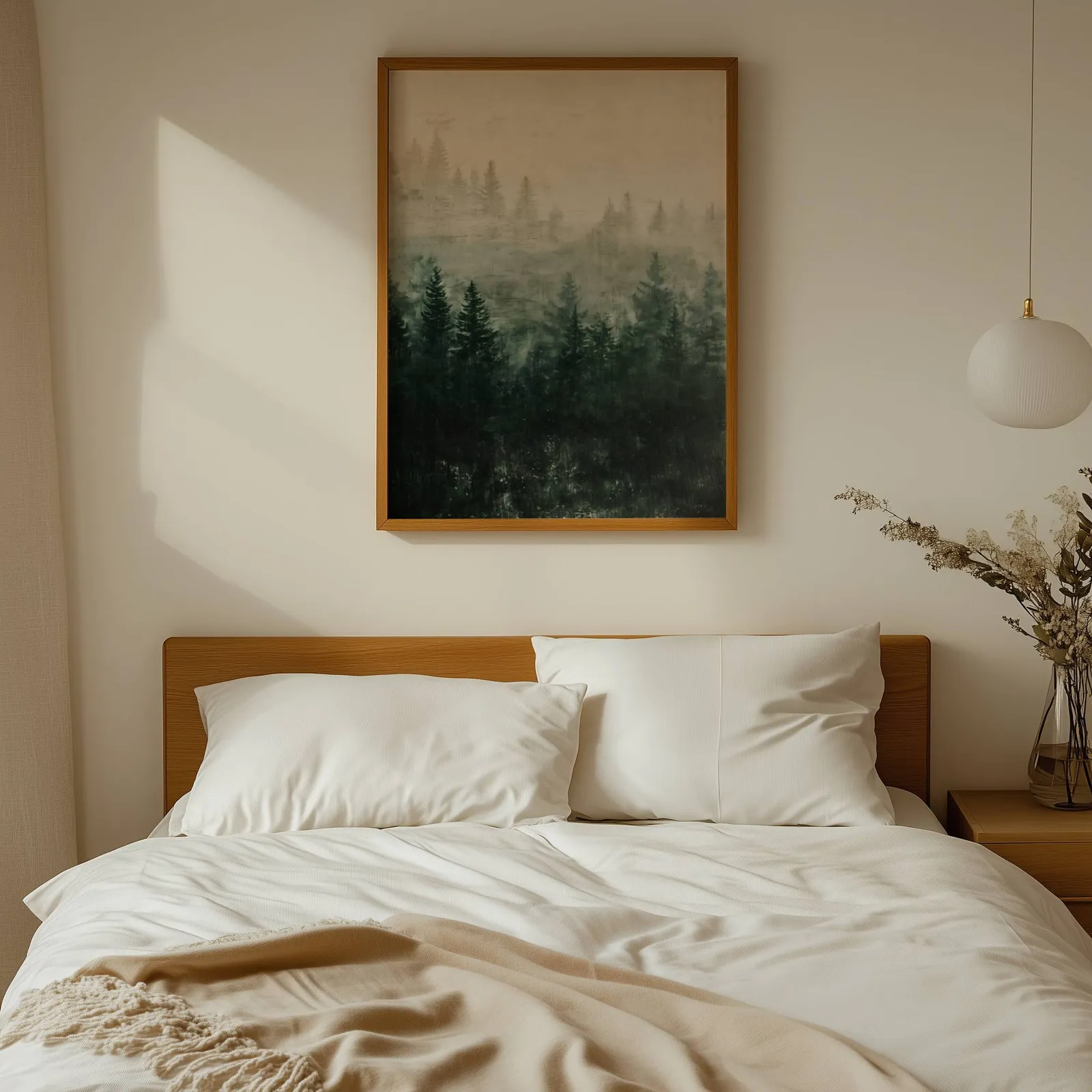 misty forest wall art in green and cream, above a wooden headboard with white linen pillows