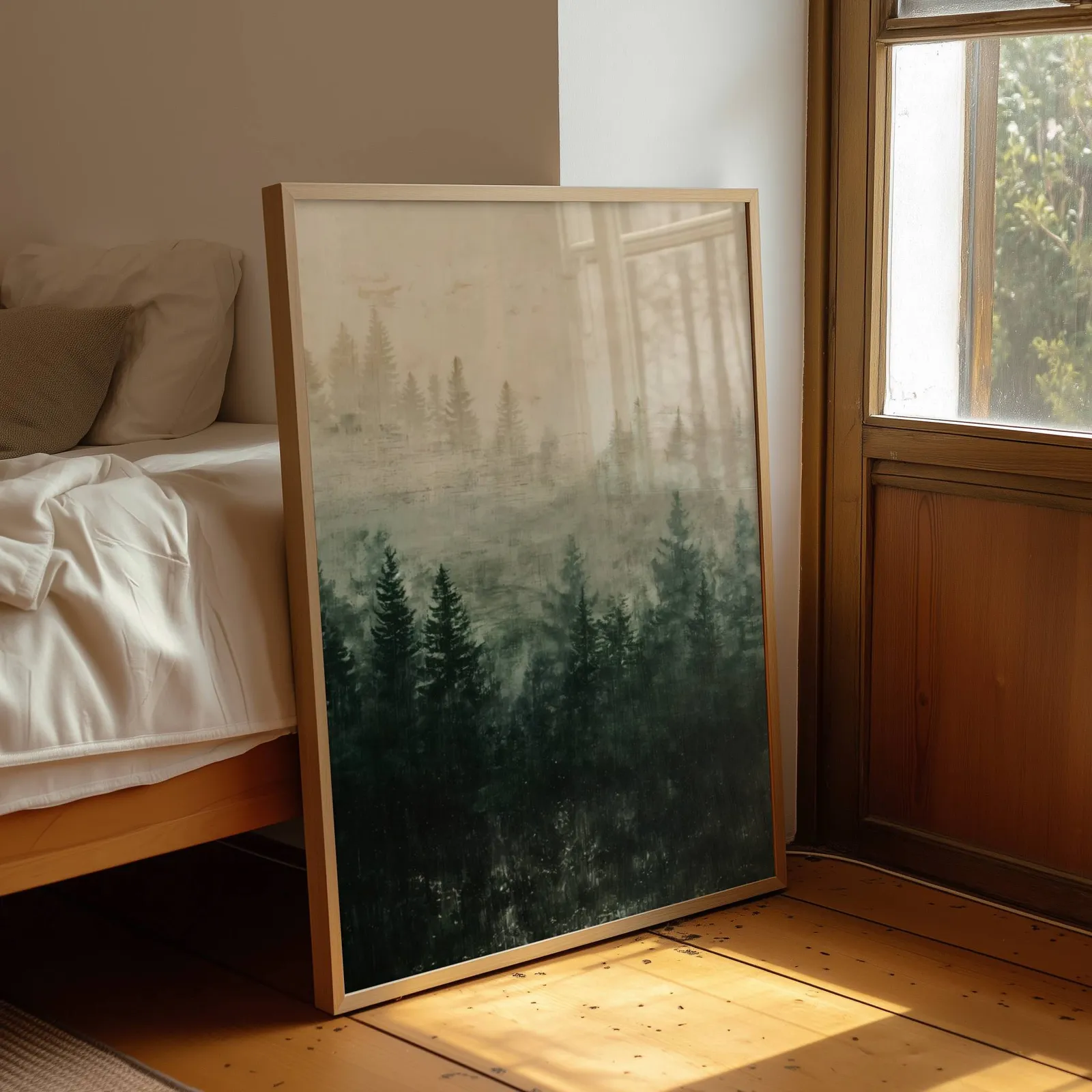 misty forest wall art in green and cream, leaning by a sunlit window beside an unmade bed