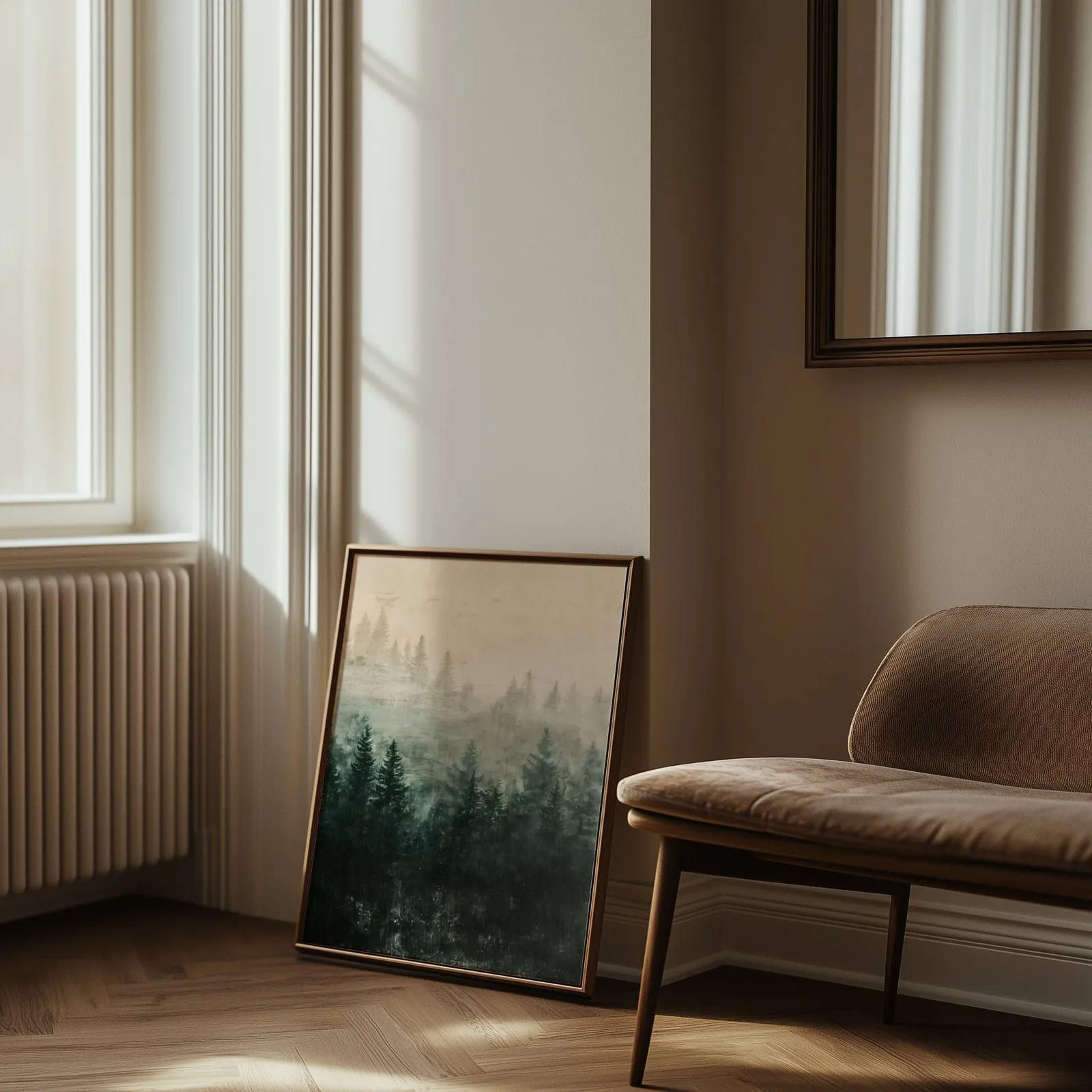 misty forest wall art in green and cream, leaning against the wall beside a sunlit radiator and herringbone floor
