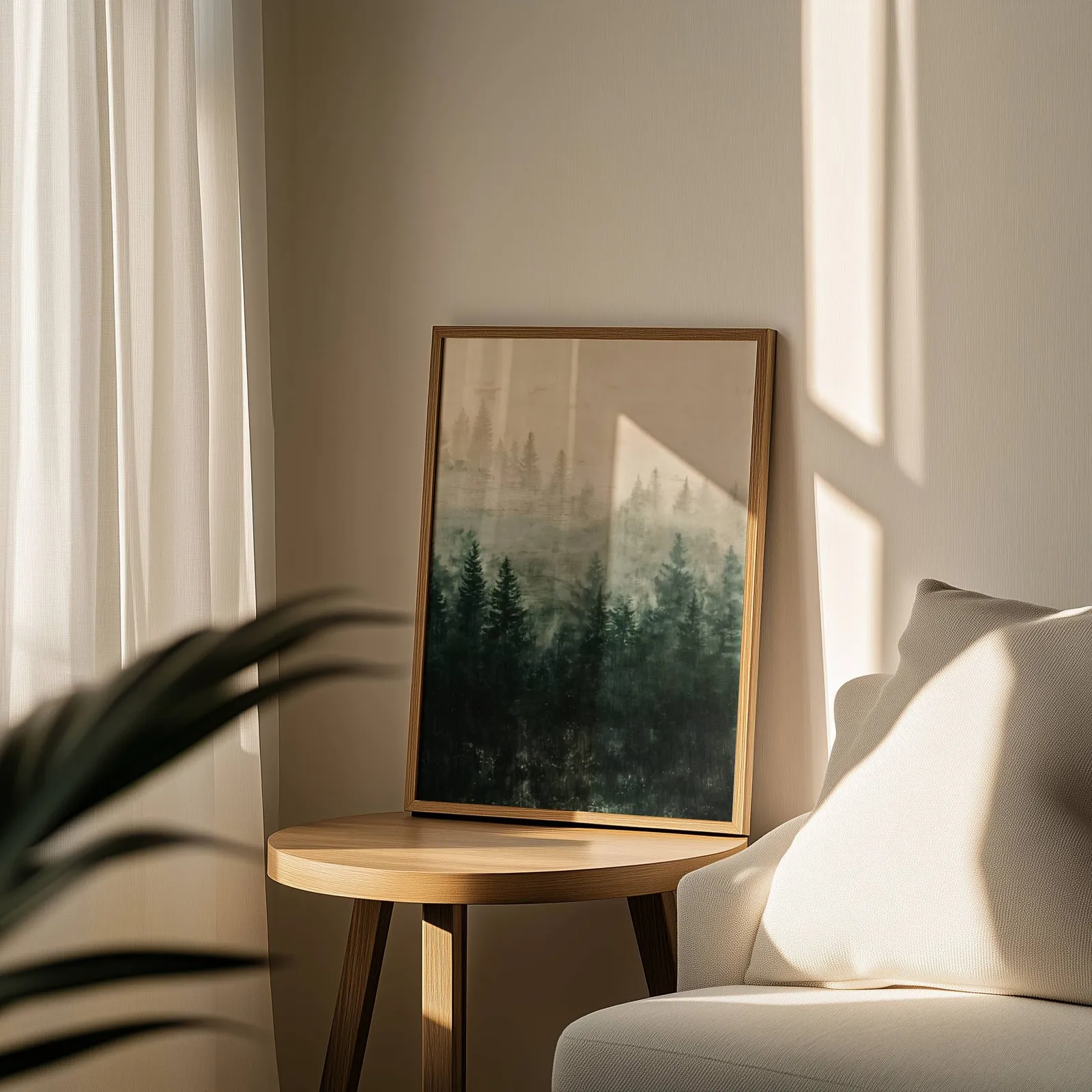misty forest wall art in green and cream, leaning on a round wooden side table by a sheer curtain
