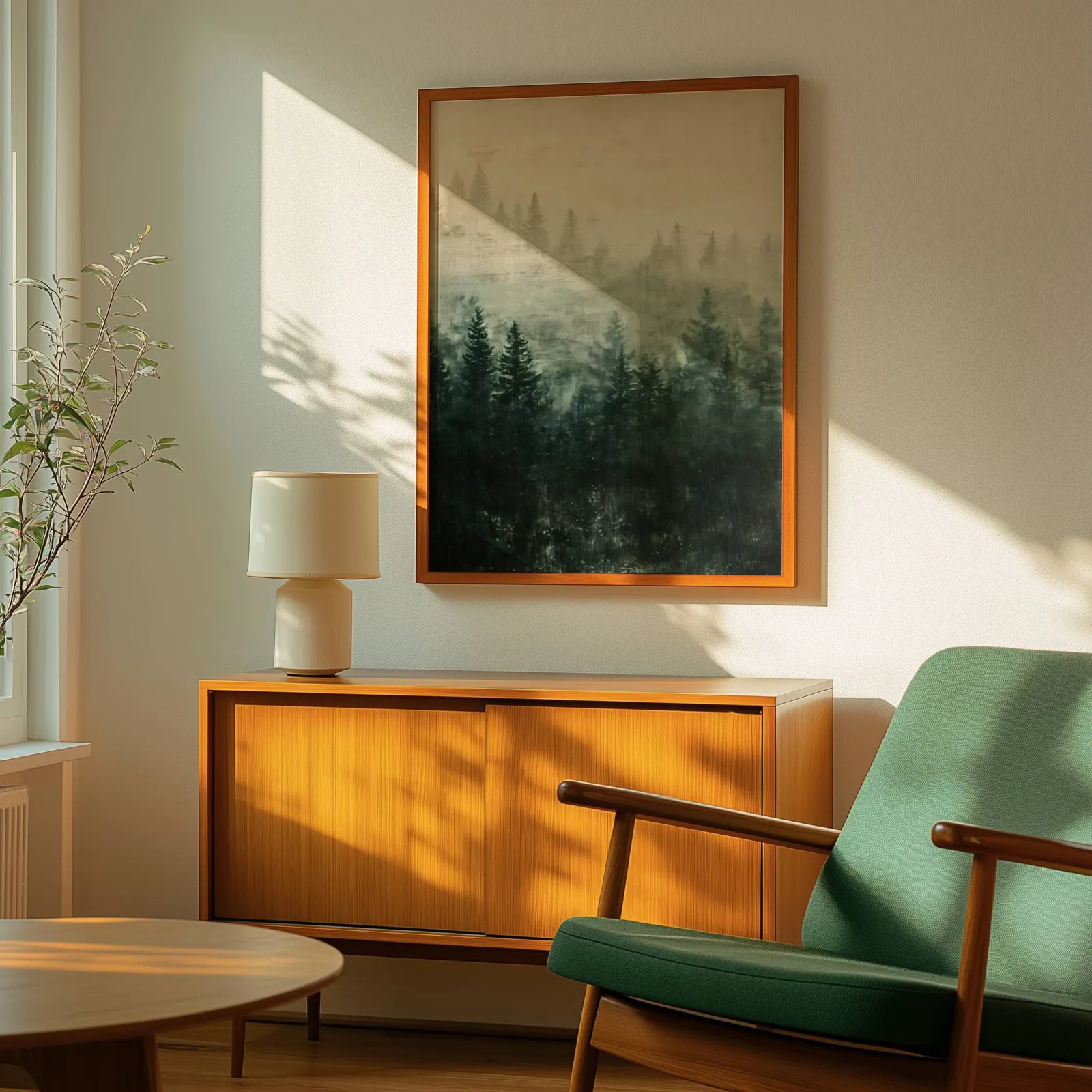 misty forest wall art in green and cream, above a wooden sideboard with a ceramic lamp and dappled sunlight