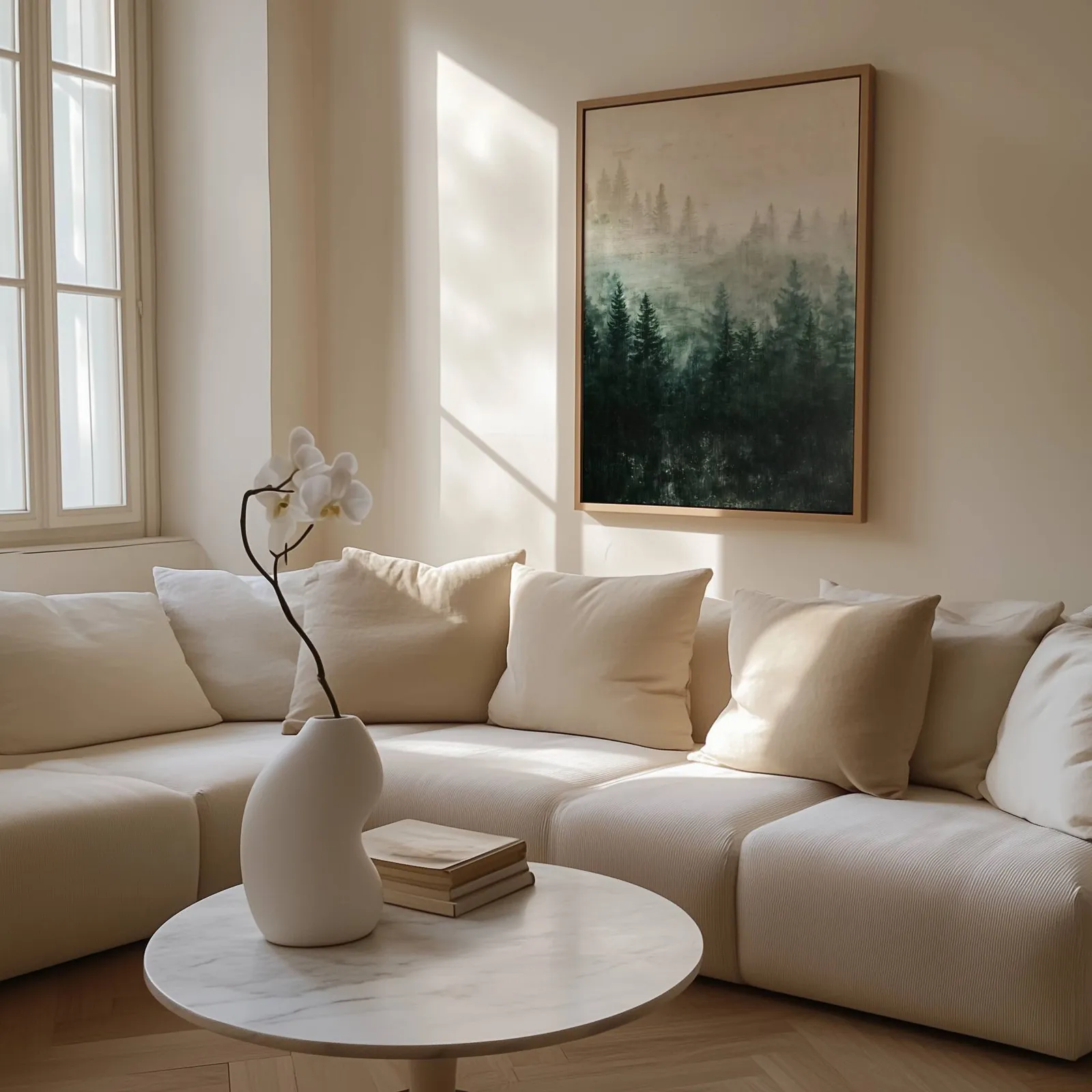 misty forest wall art in green and cream, above a cream sectional beside a tall sunlit window