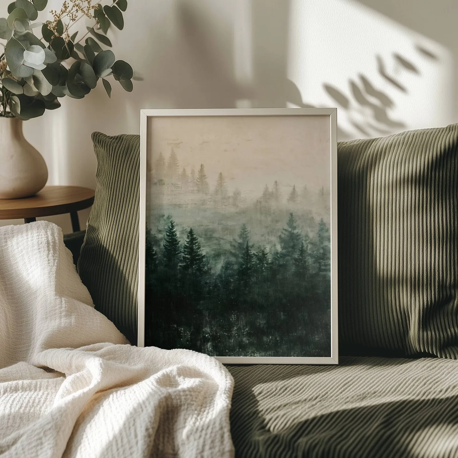 misty forest wall art in green and cream, propped on an olive corduroy sofa beside a eucalyptus vase