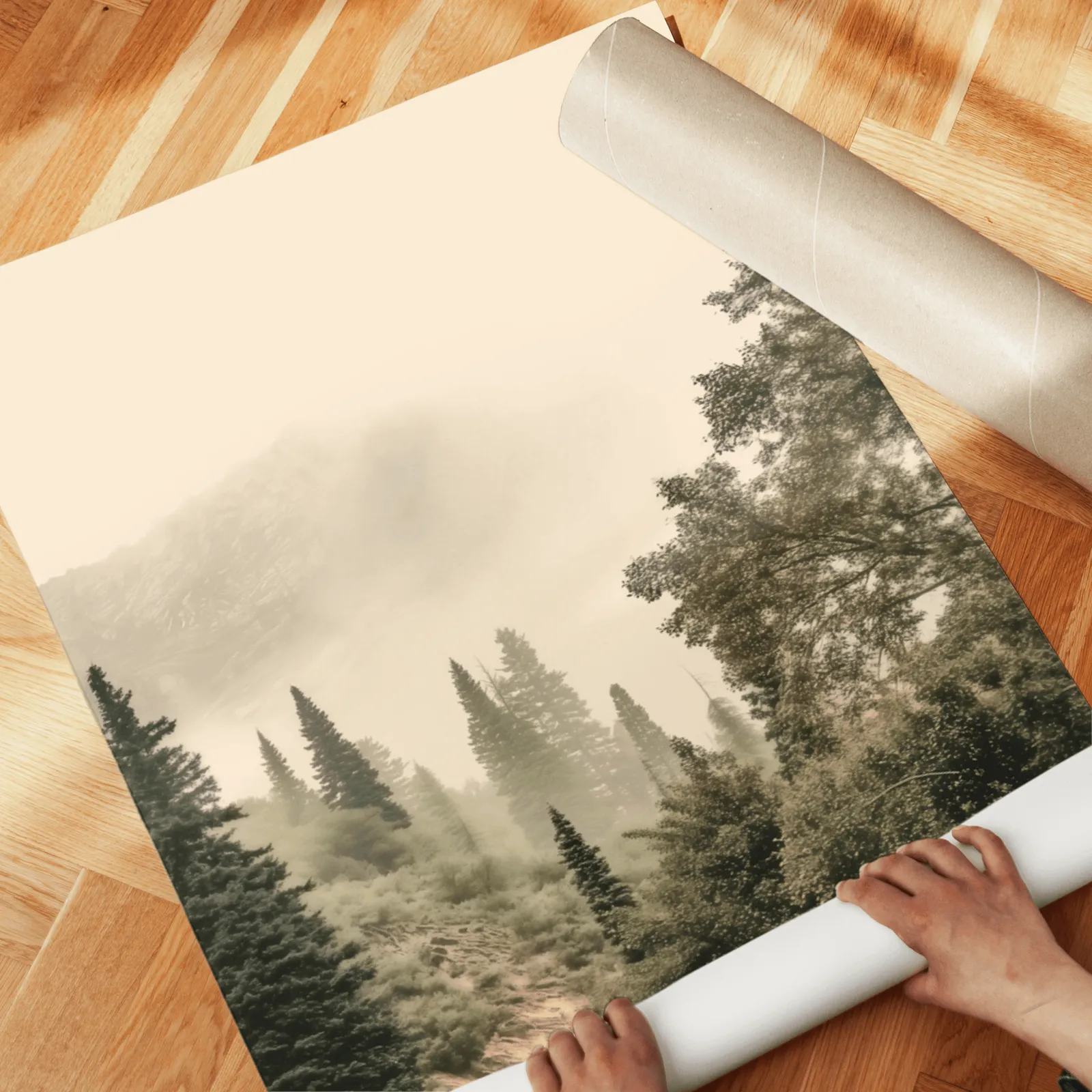 misty forest wall art set of two pine hillside prints, unrolled across a herringbone parquet floor by hand