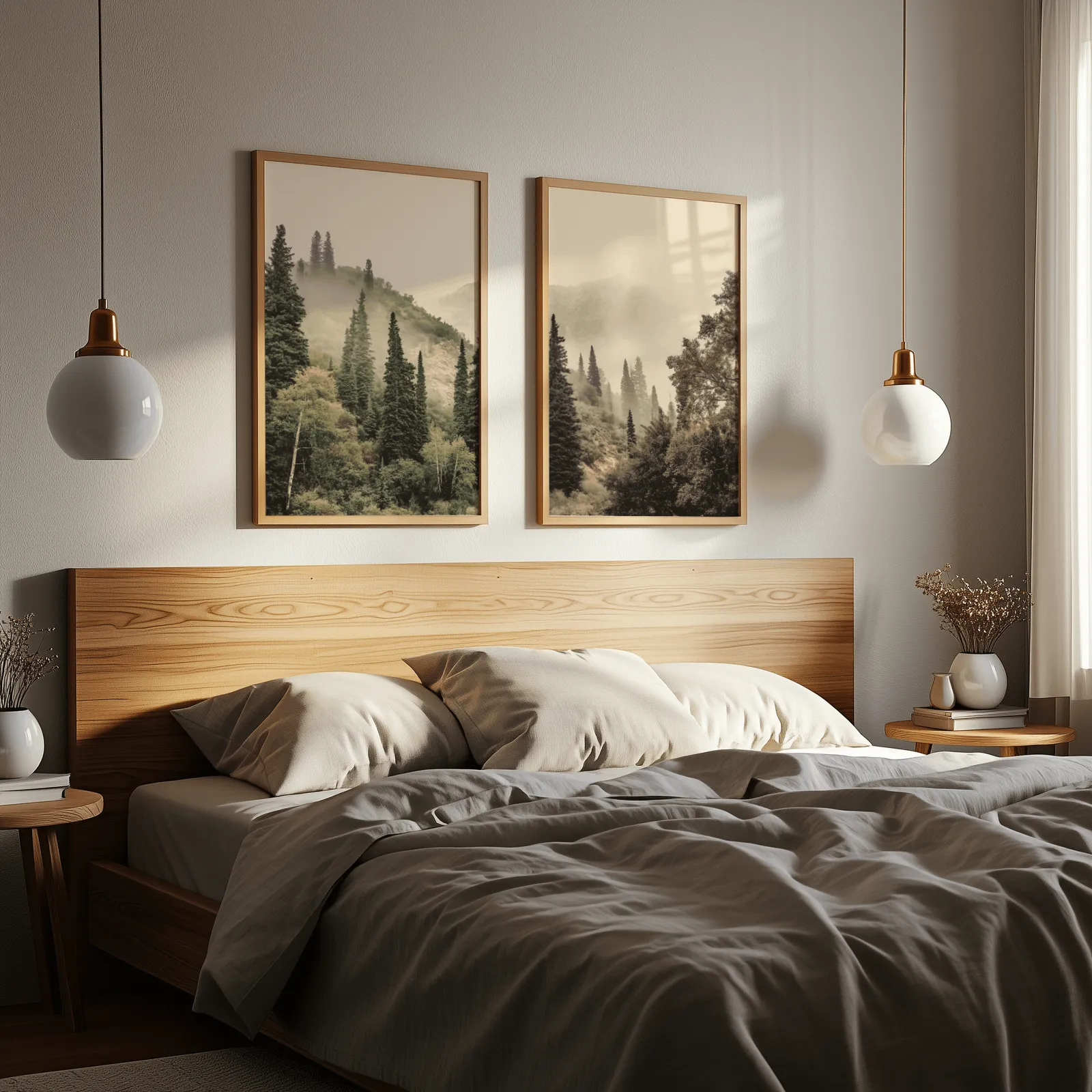 misty forest wall art set of two pine hillside prints, above a wooden headboard flanked by globe pendant lights