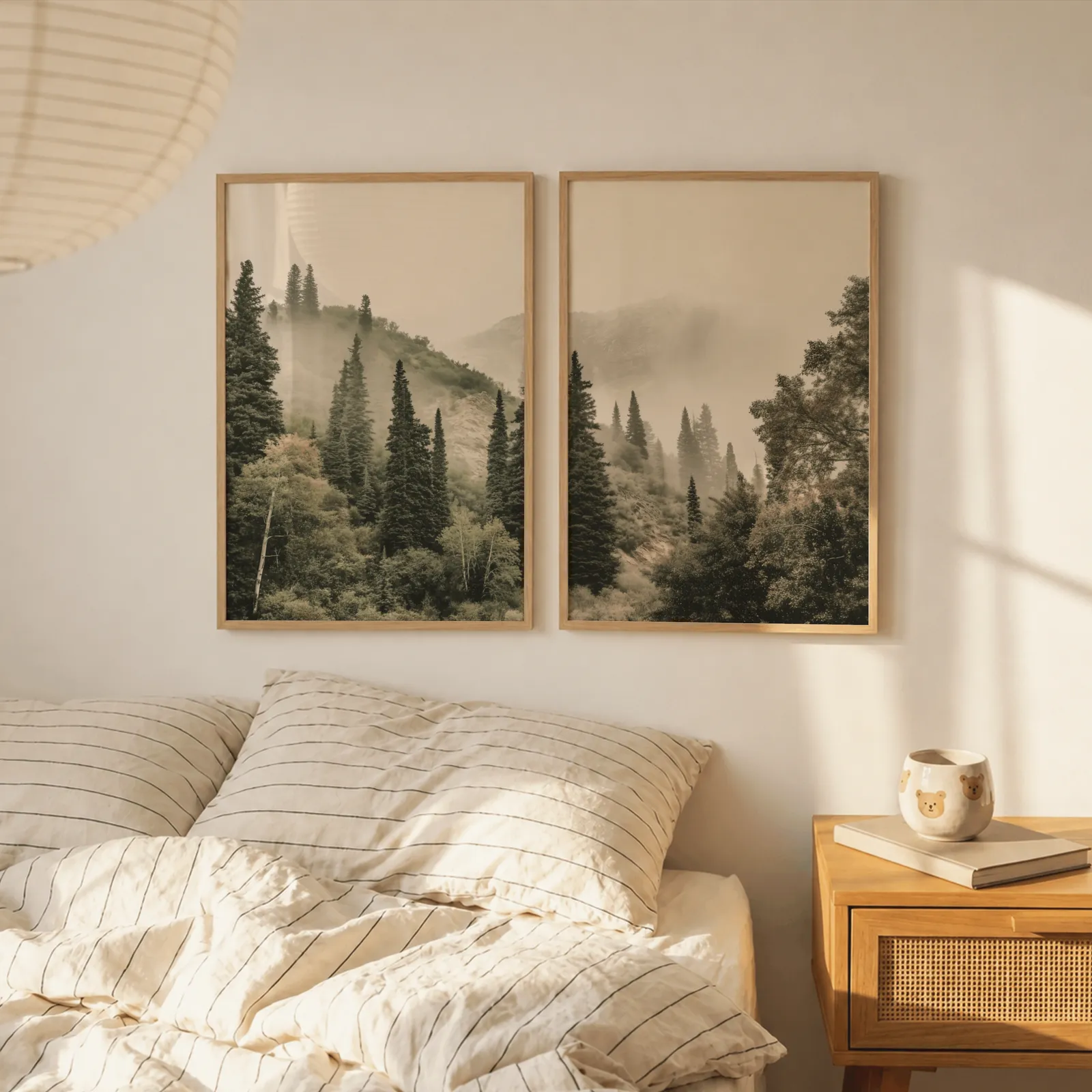 misty forest wall art set of two pine hillside prints, above a striped linen bed beside a paper lantern shade