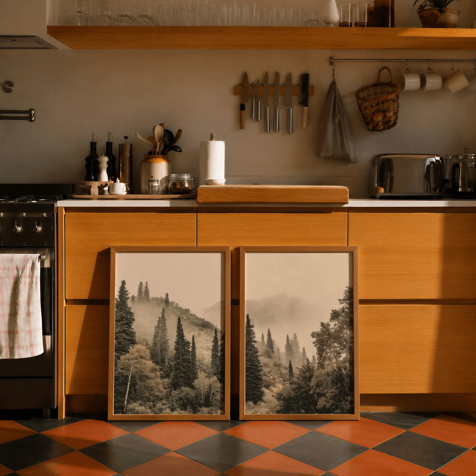 misty forest wall art set of two pine hillside prints, leaning against wooden cabinets on terracotta tiled floor
