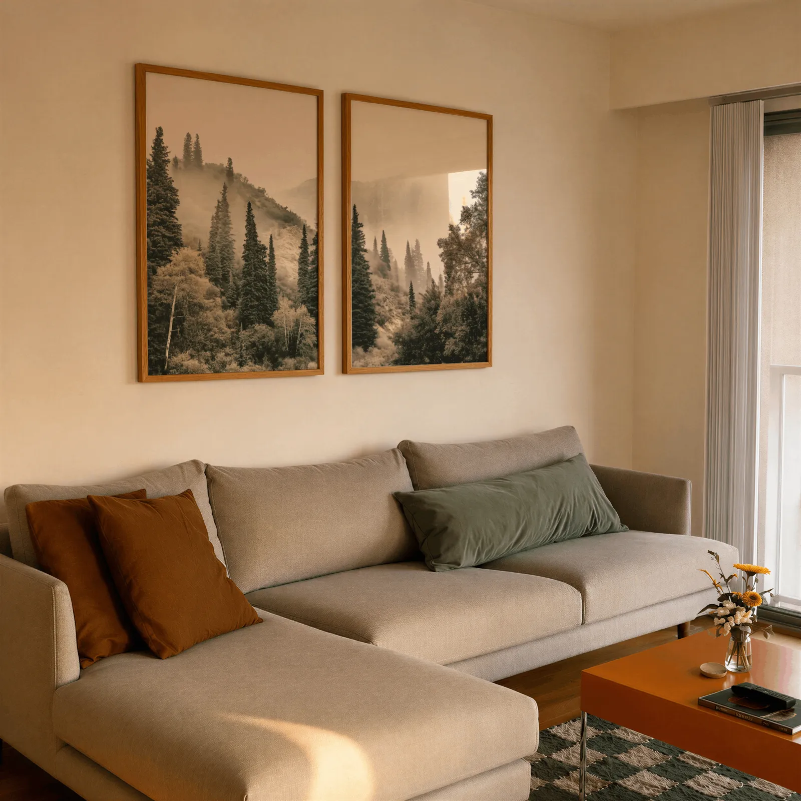 misty forest wall art set of two pine hillside prints, side by side above a beige sectional sofa