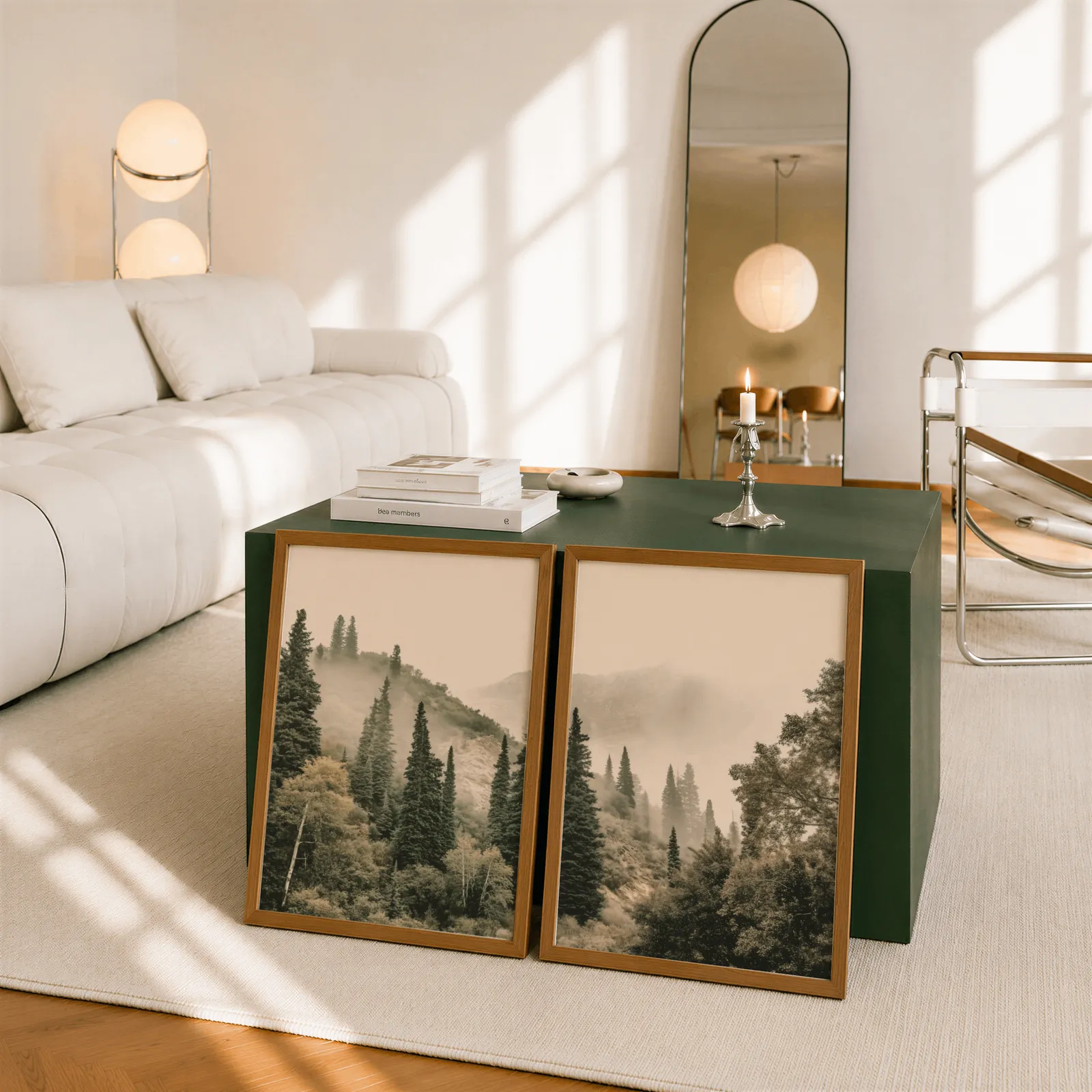 misty forest wall art set of two pine hillside prints, leaning against a dark green cube table beside an arched mirror