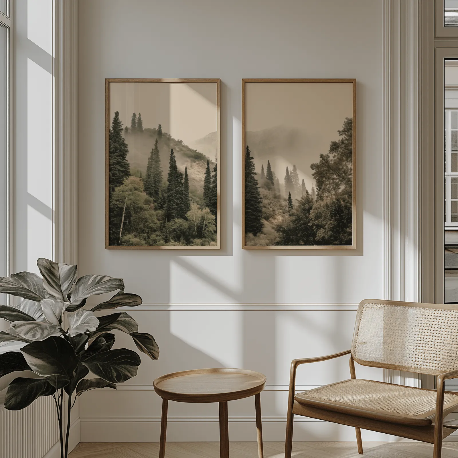 misty forest wall art set of two pine hillside prints, above wainscoting beside a cane armchair and fiddle-leaf fig