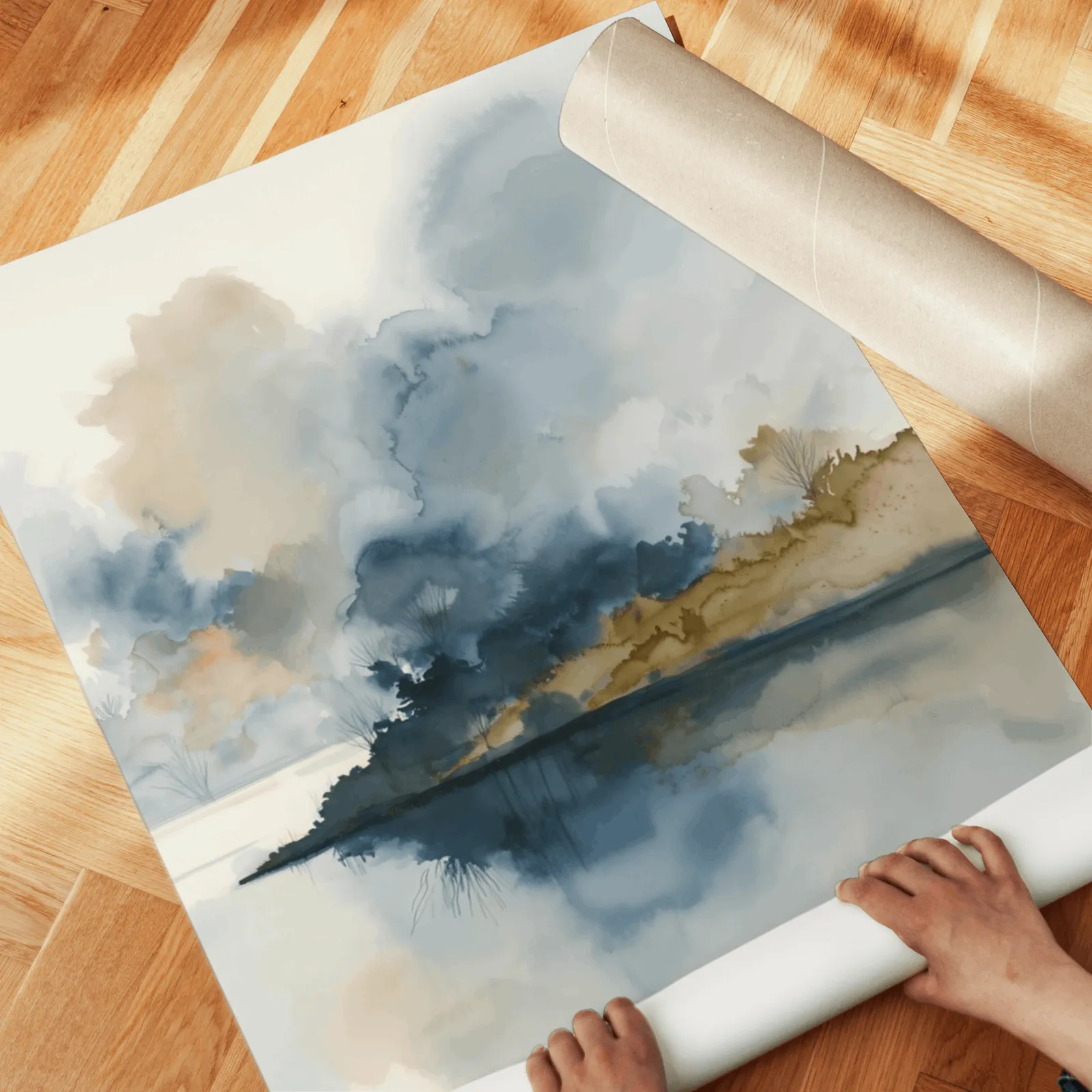blue and gold misty lake landscape wall art set of two, unrolled across a herringbone parquet floor by hand