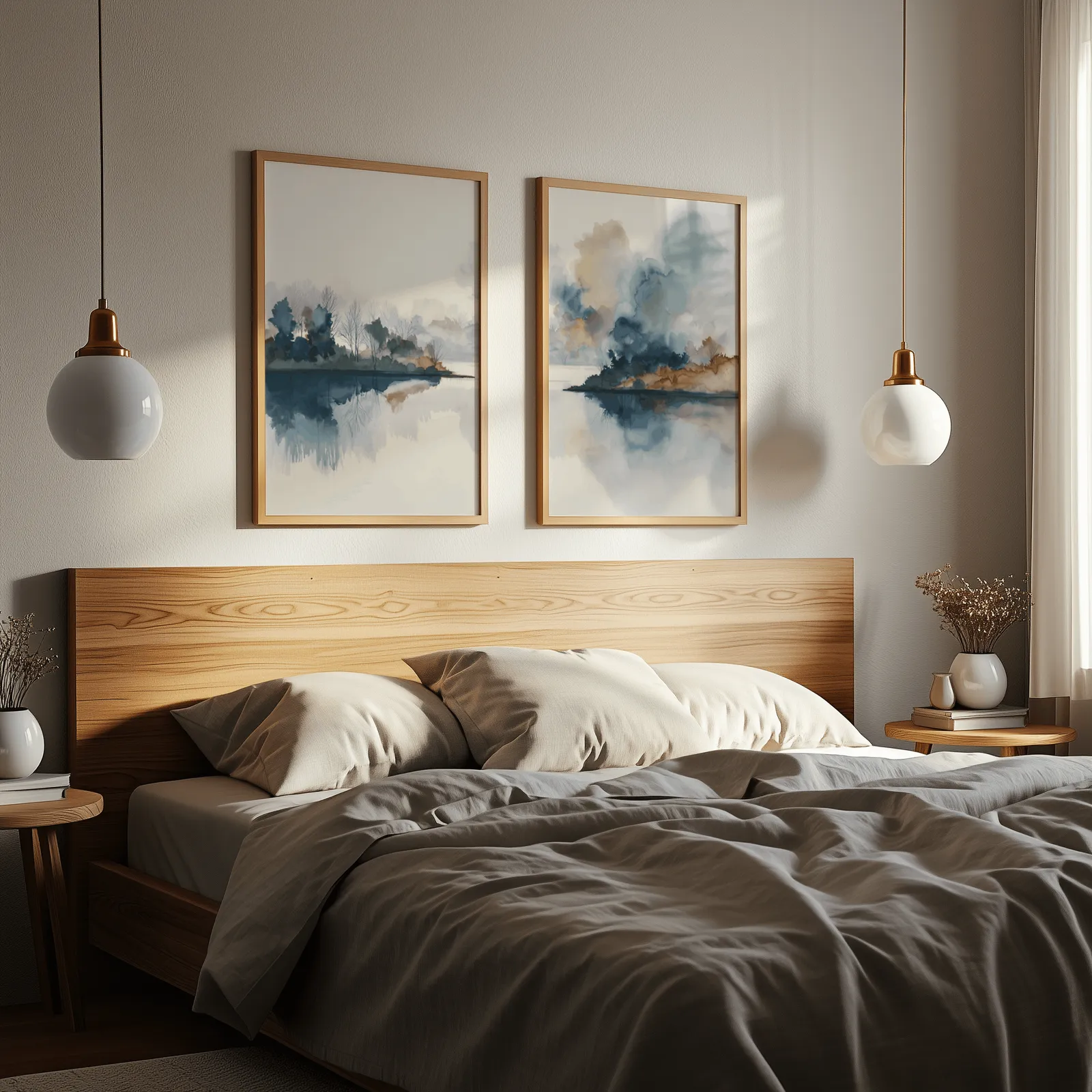 blue and gold misty lake landscape wall art set of two, above a wooden headboard flanked by globe pendant lights