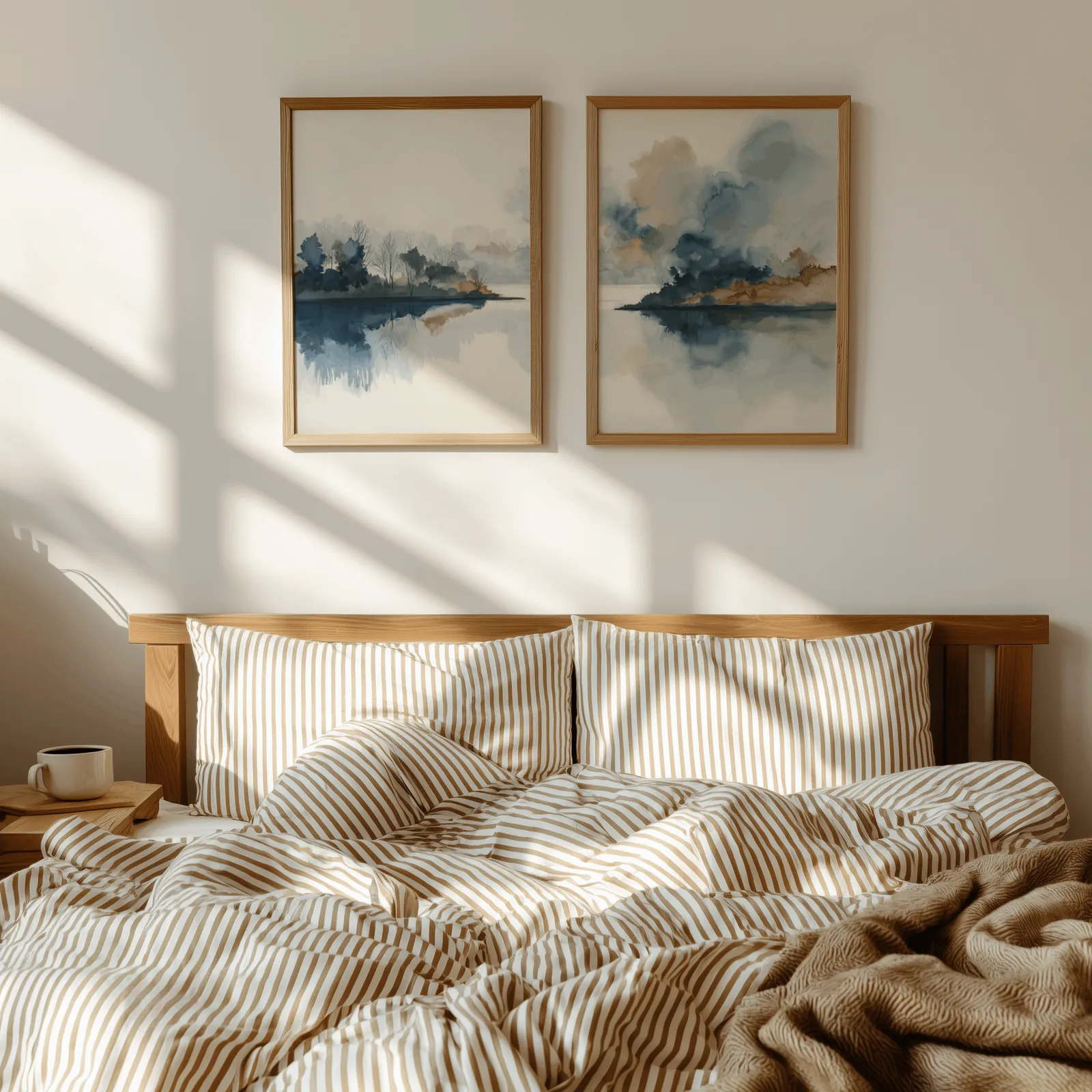 blue and gold misty lake landscape wall art set of two, above a wooden headboard with striped bedding and raking sunlight