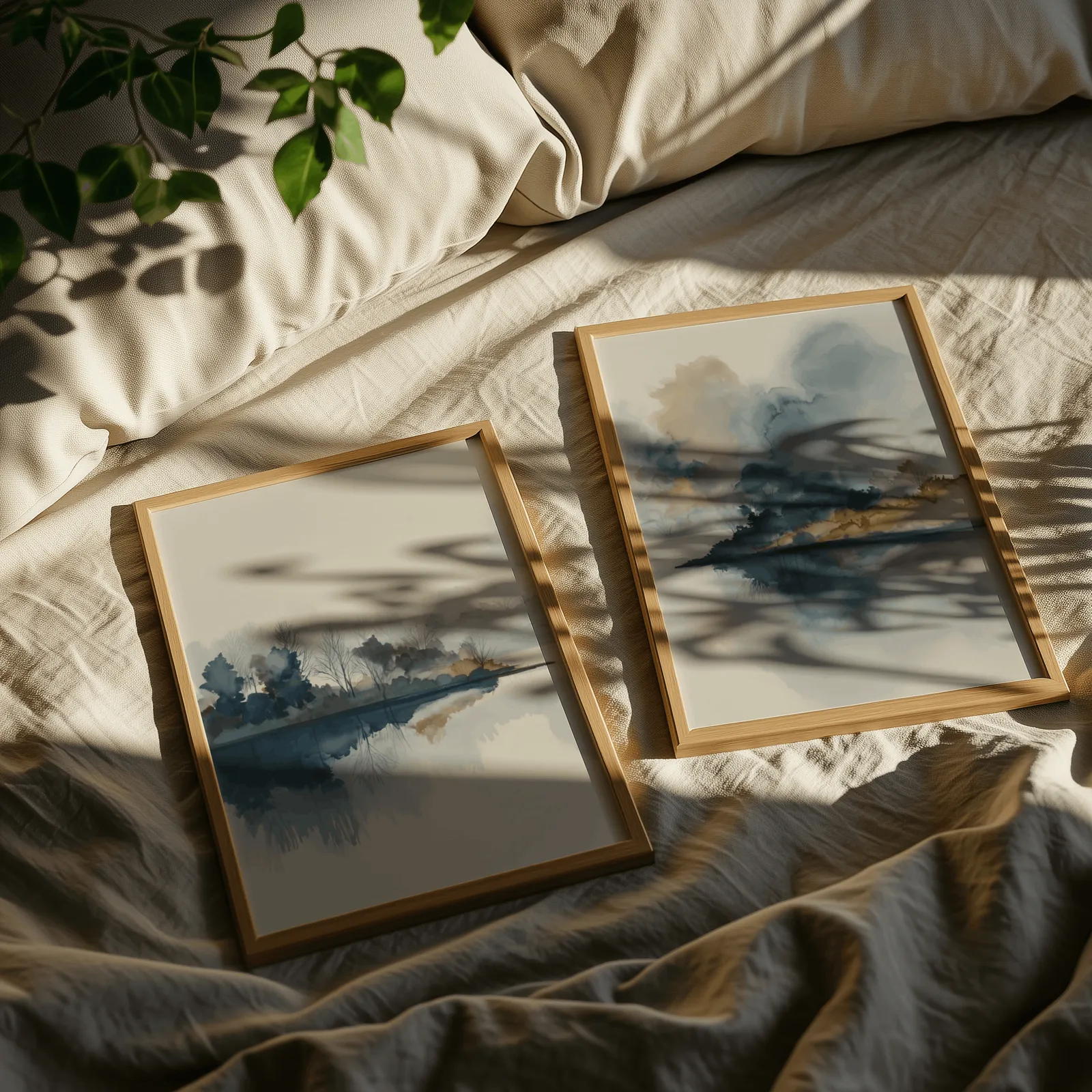 blue and gold misty lake landscape wall art set of two, resting on rumpled linen sheets with dappled leaf shadows