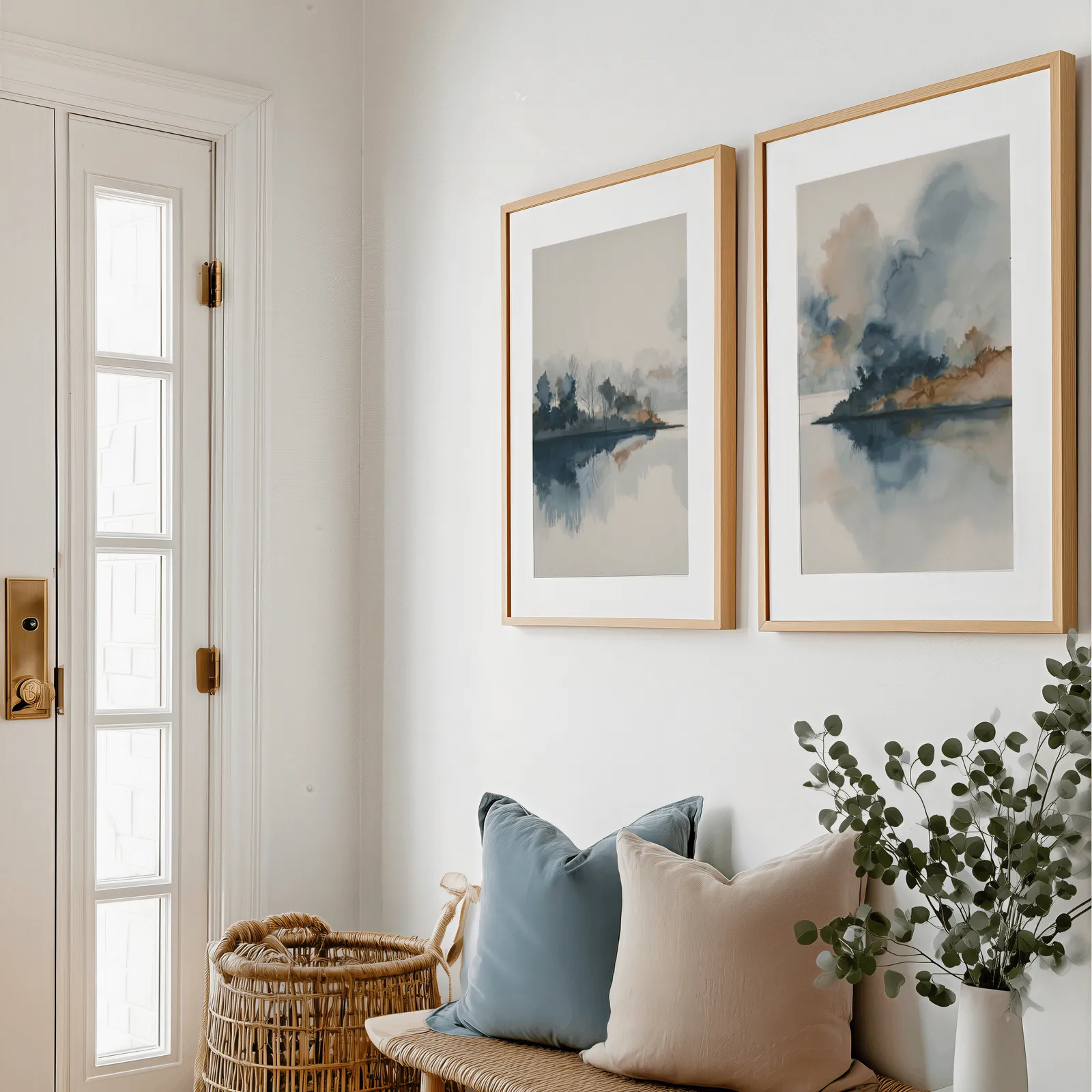 blue and gold misty lake landscape wall art set of two, above a bench with blue and blush pillows near the entry door