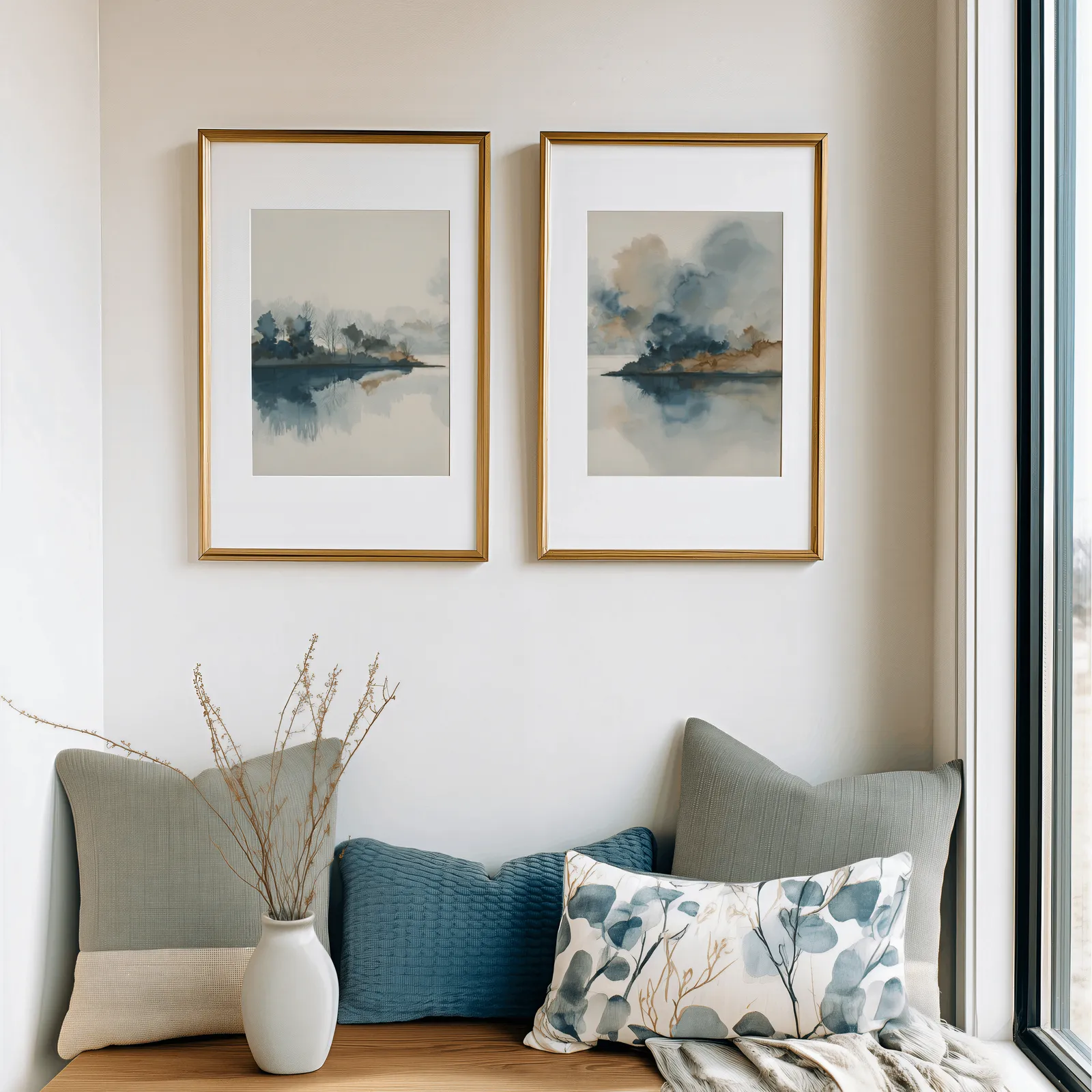 blue and gold misty lake landscape wall art set of two, above a cushioned window seat with sage and blue pillows