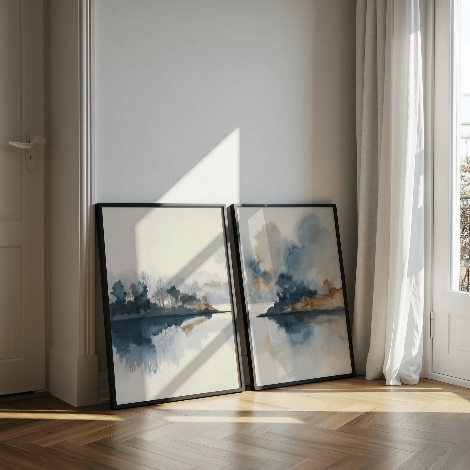 blue and gold misty lake landscape wall art set of two, leaning against a sunlit wall by herringbone floor and sheer curtains