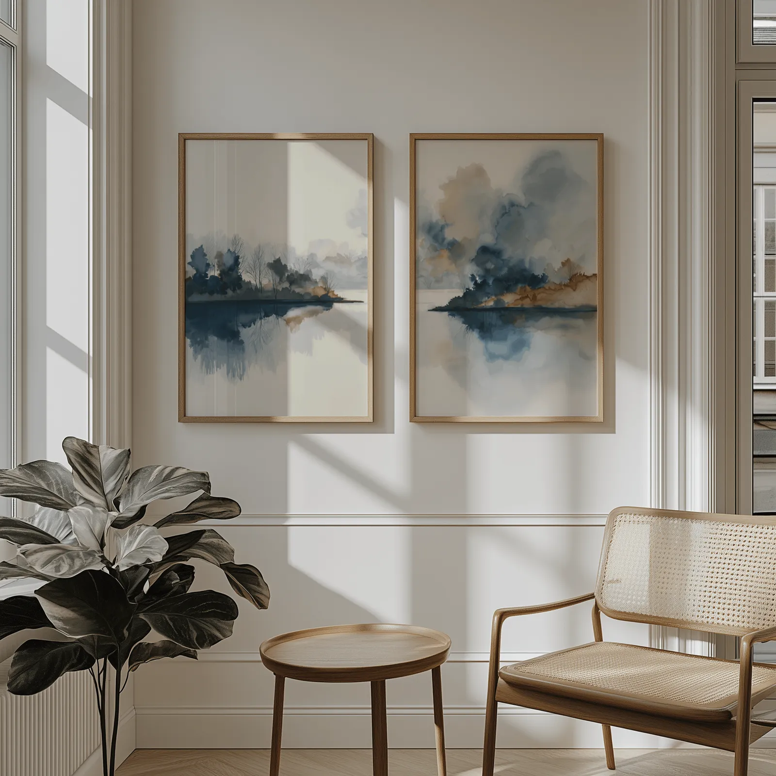 blue and gold misty lake landscape wall art set of two, above wainscoting beside a cane armchair and fiddle-leaf fig