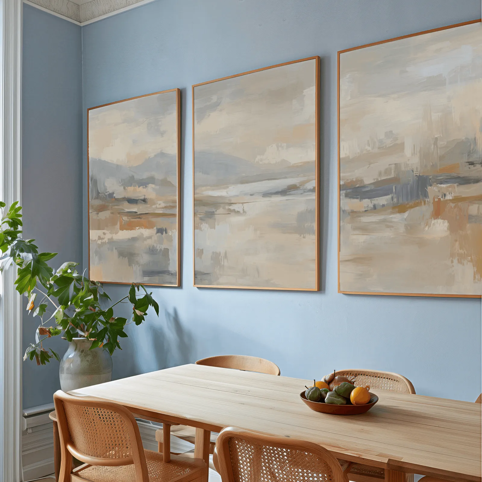 neutral abstract landscape wall art set of three, above a wooden dining table with cane chairs and a fruit bowl