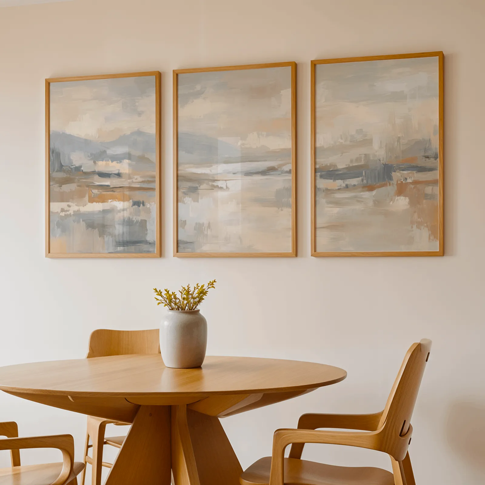 neutral abstract landscape wall art set of three, above a round wooden table with a stoneware vase