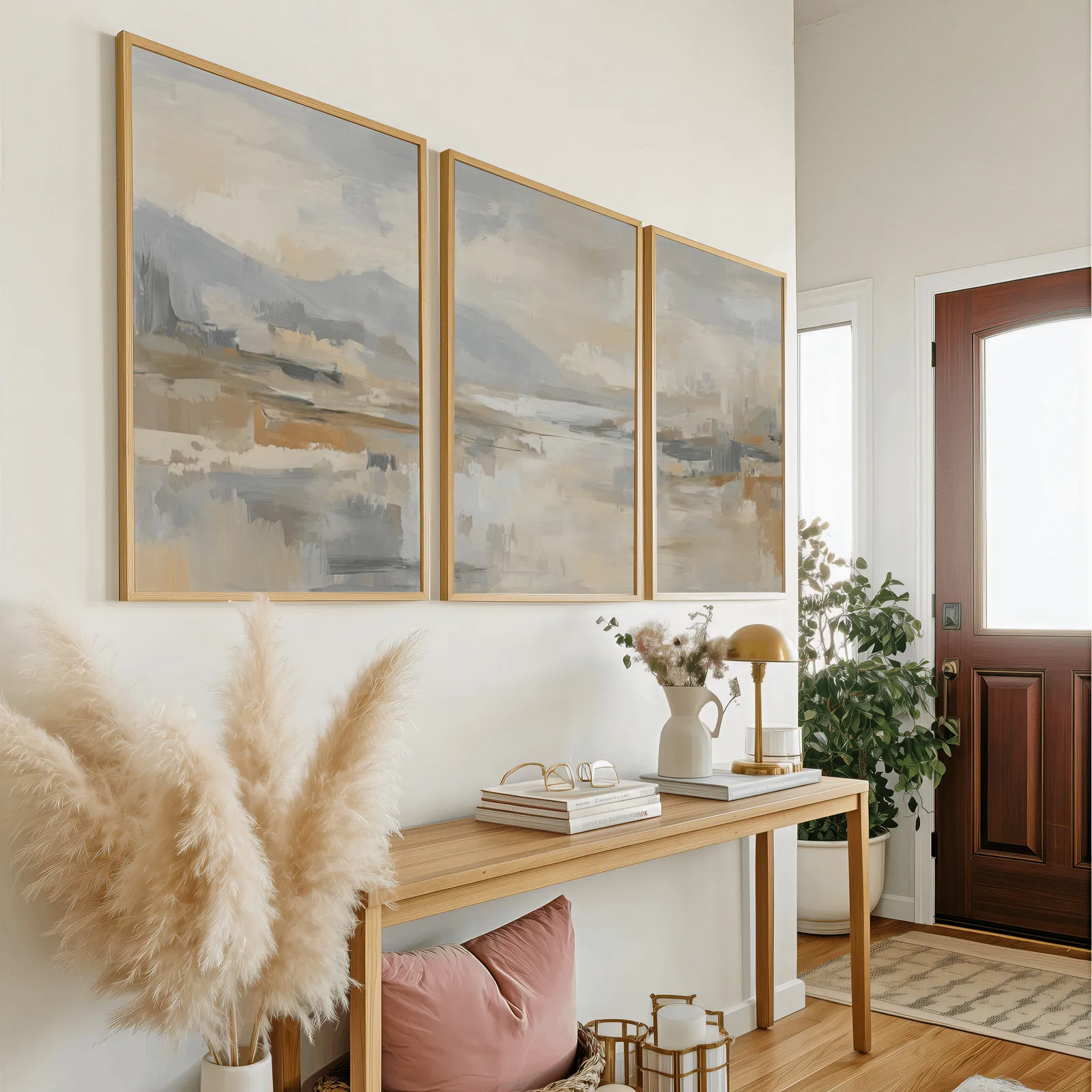 neutral abstract landscape wall art set of three, above a wooden console table near the entry door