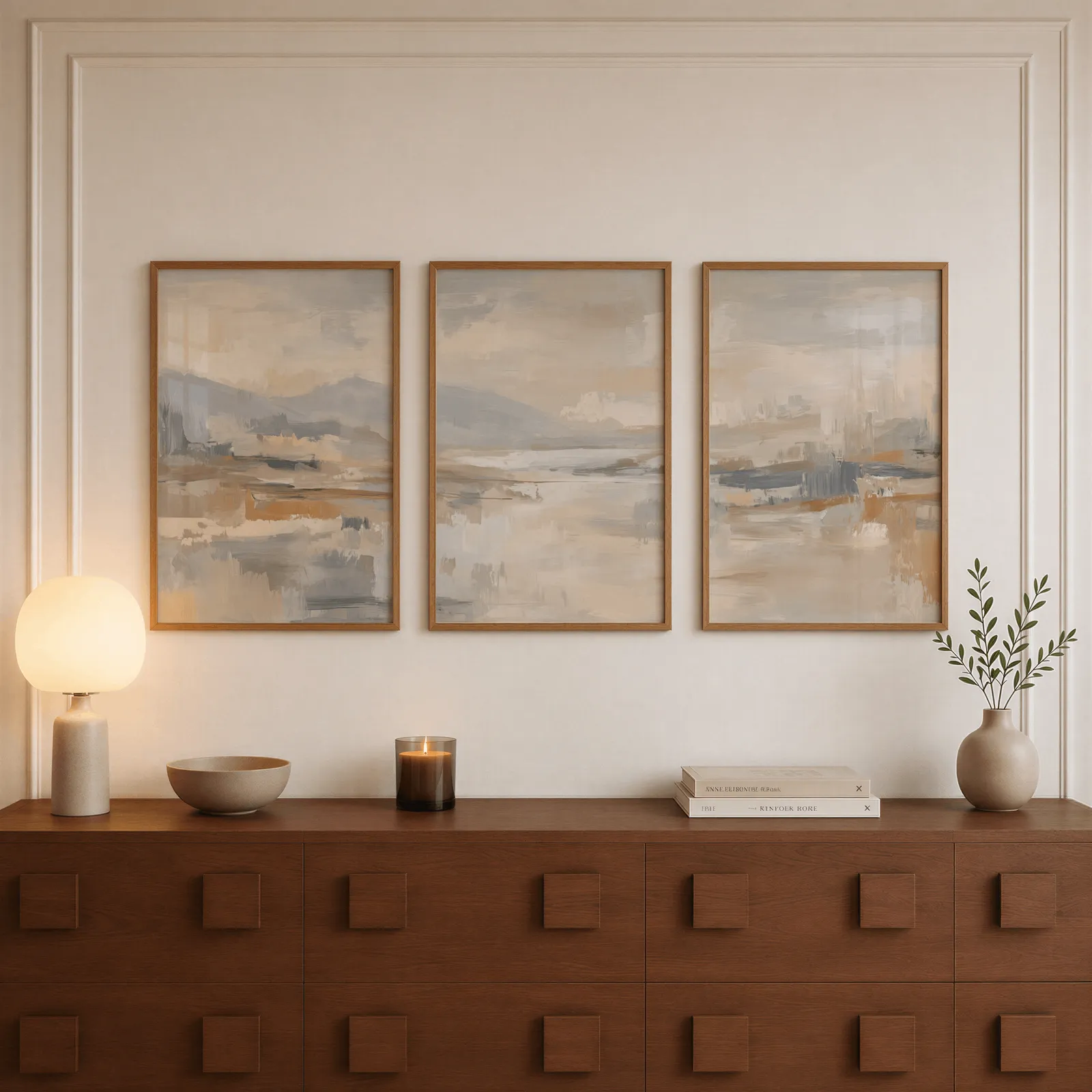 neutral abstract landscape wall art set of three, above a walnut sideboard with a lit candle and glowing lamp