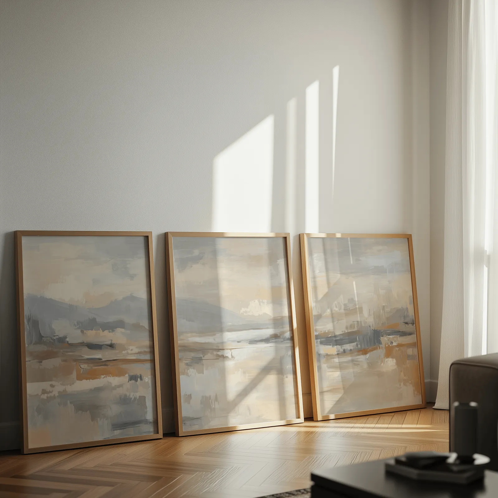 neutral abstract landscape wall art set of three, leaning against a sunlit wall on herringbone flooring