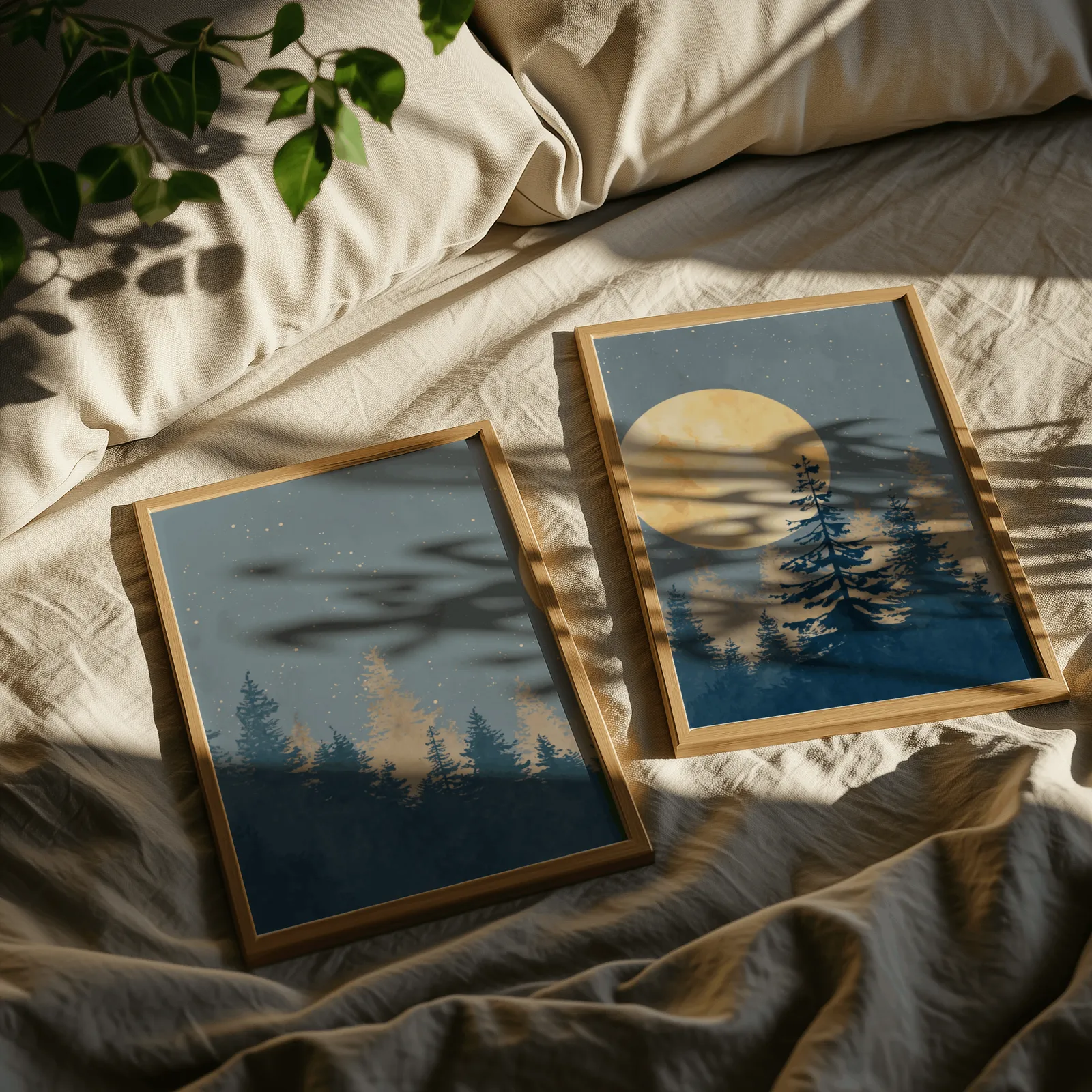 blue pine tree wall art set with golden moon, resting on rumpled linen sheets with dappled leaf shadows