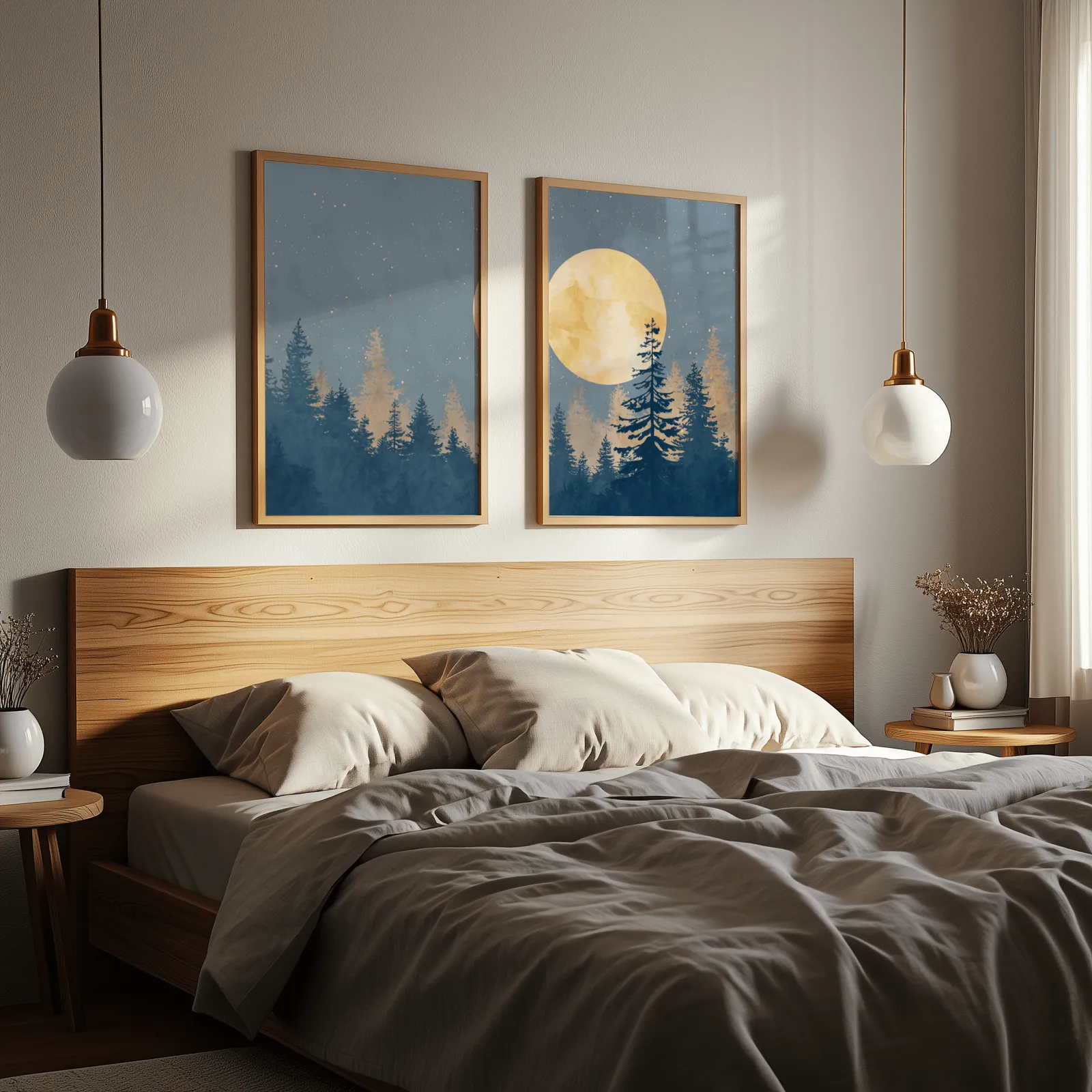 blue pine tree wall art set with golden moon, above a wooden headboard flanked by globe pendant lights