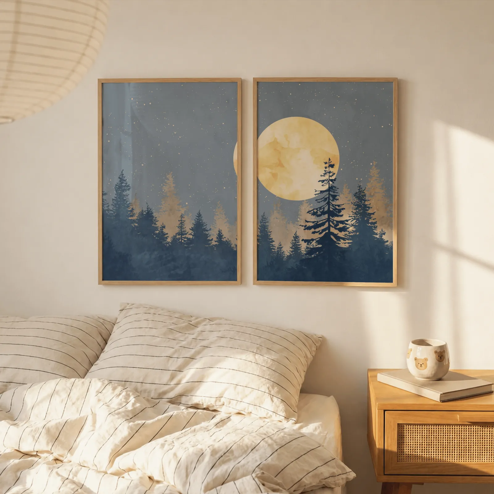 blue pine tree wall art set with golden moon, above a striped linen bed beside a paper lantern shade