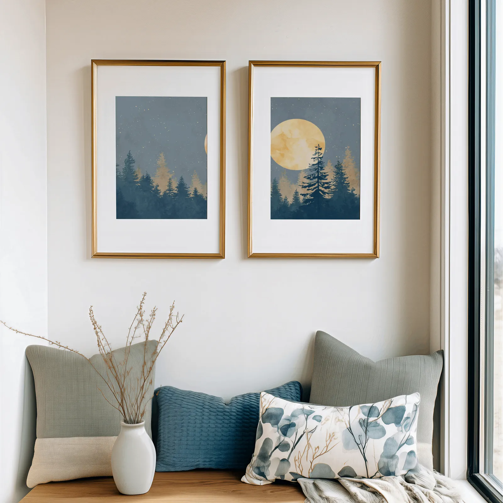 blue pine tree wall art set with golden moon, above a cushioned window seat with sage and blue pillows