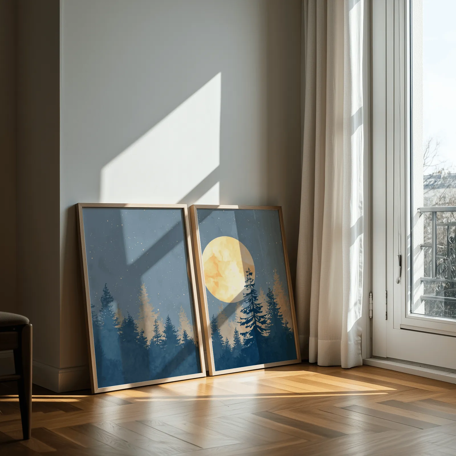 blue pine tree wall art set with golden moon, leaning against a sunlit wall by a curtained balcony door