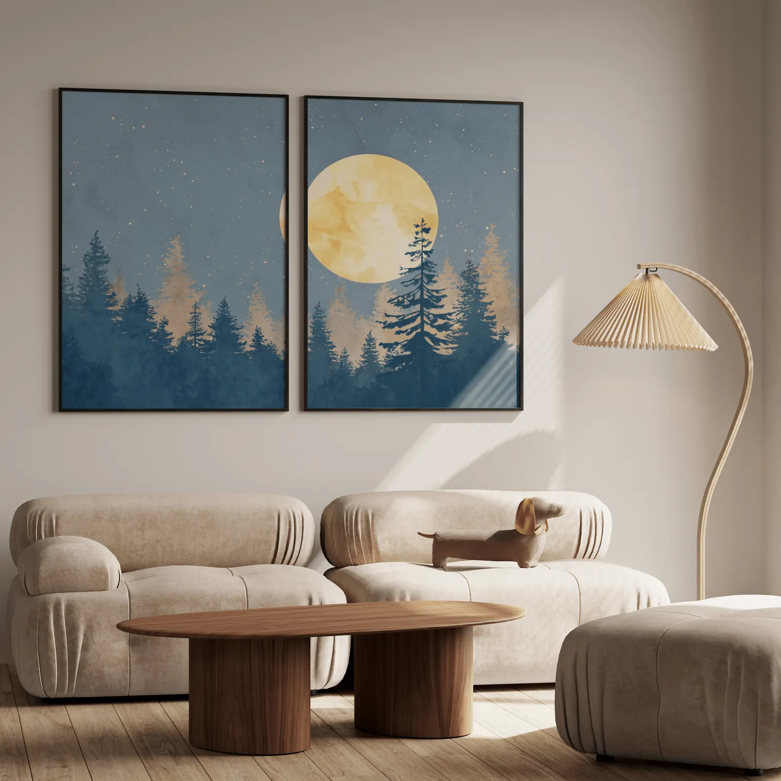 blue pine tree wall art set with golden moon, above a plush beige sofa with a pleated lamp nearby