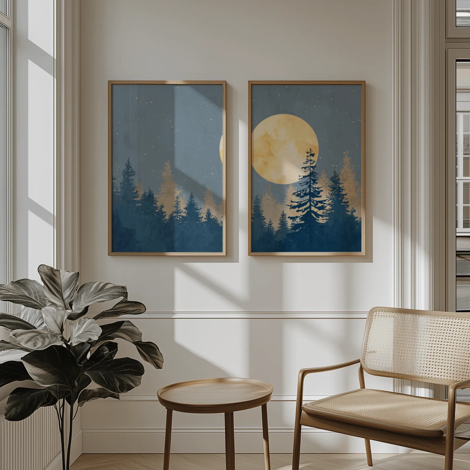 blue pine tree wall art set with golden moon, above wainscoting beside a cane armchair and fiddle-leaf fig