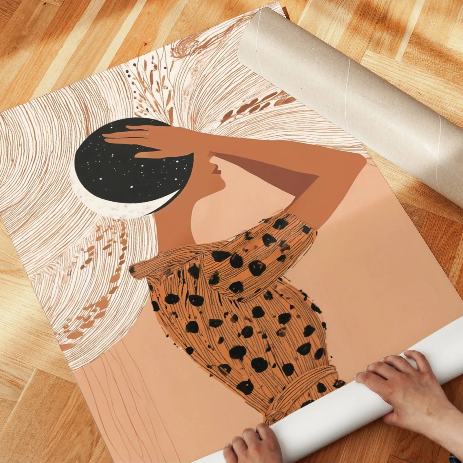 terracotta boho woman with moon wall art, unrolled across a herringbone parquet floor by hand