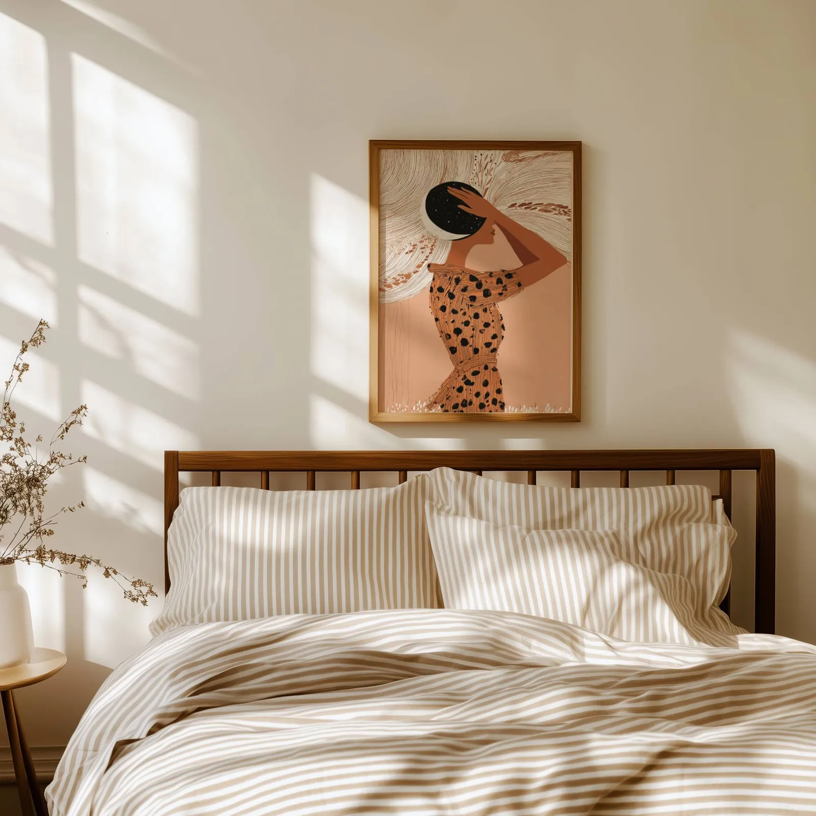 terracotta boho woman with moon wall art, above a spindle headboard with striped linen bedding