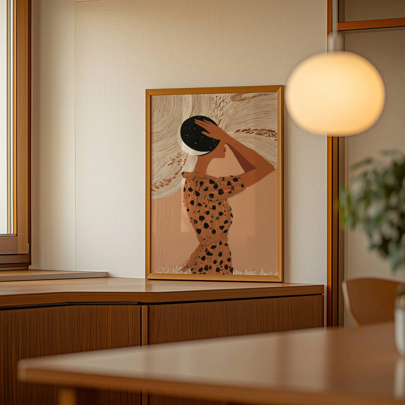 terracotta boho woman with moon wall art, leaning on a wooden sideboard beside a glowing globe pendant
