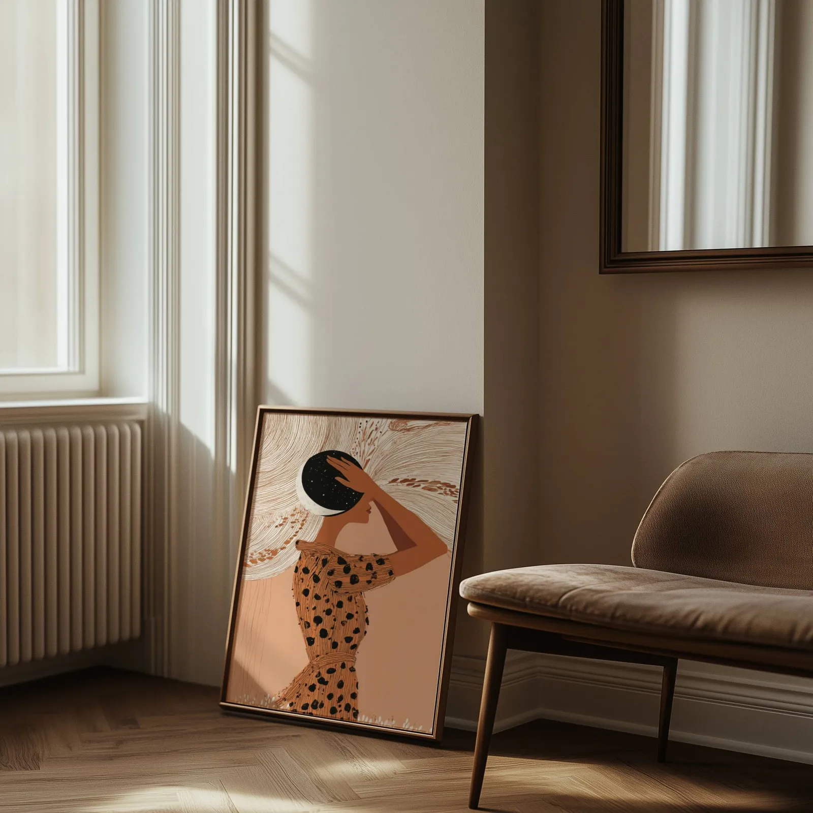 terracotta boho woman with moon wall art, leaning against the wall beside a sunlit radiator and herringbone floor