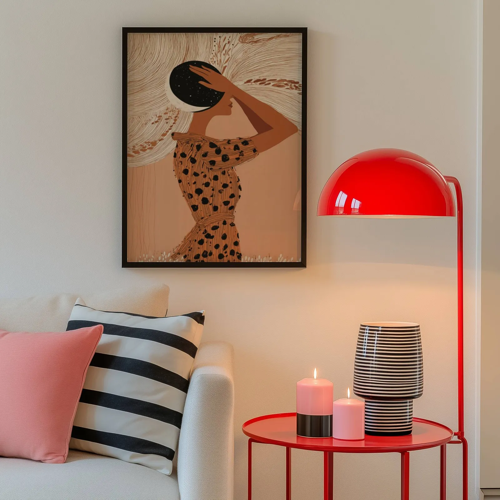 terracotta boho woman with moon wall art, above a cream sofa beside a glossy red dome lamp