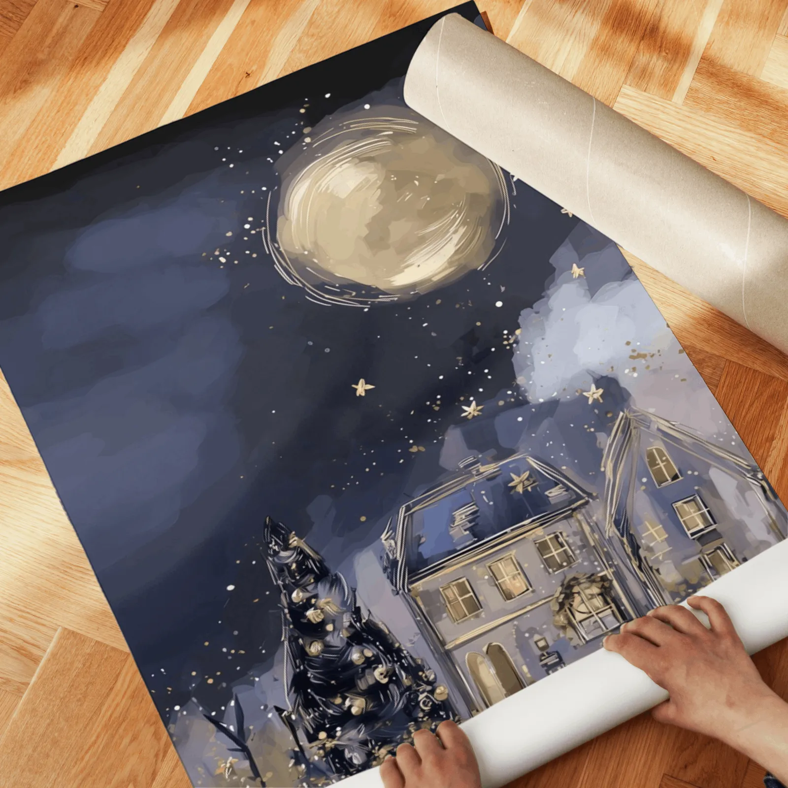 blue night village landscape wall art set of two, unrolled across a herringbone parquet floor by hand