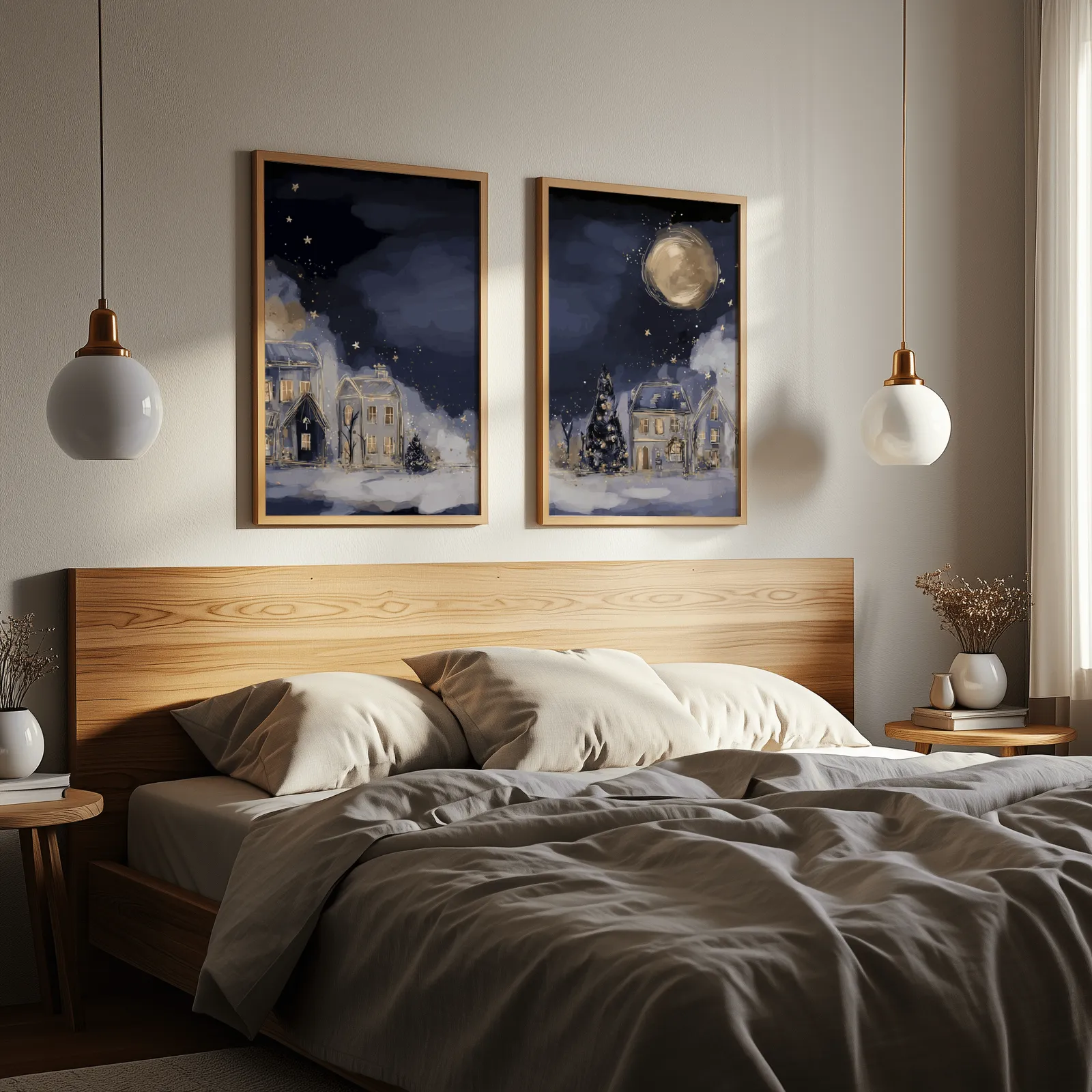 blue night village landscape wall art set of two, above a wooden headboard flanked by globe pendant lights