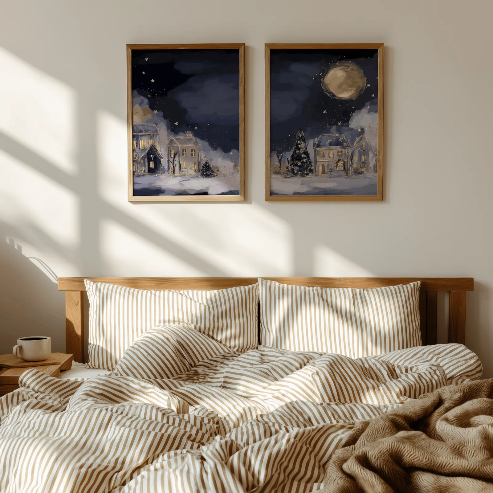 blue night village landscape wall art set of two, above a wooden headboard with striped bedding and raking sunlight