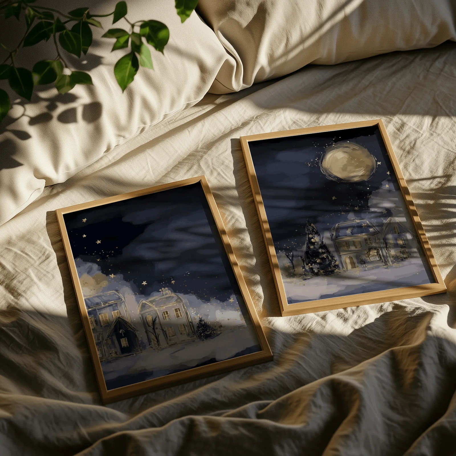 blue night village landscape wall art set of two, resting on rumpled linen sheets with dappled leaf shadows