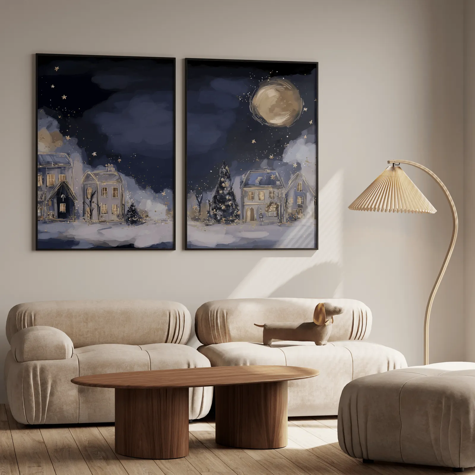 blue night village landscape wall art set of two, above a plush beige sofa with a pleated lamp nearby