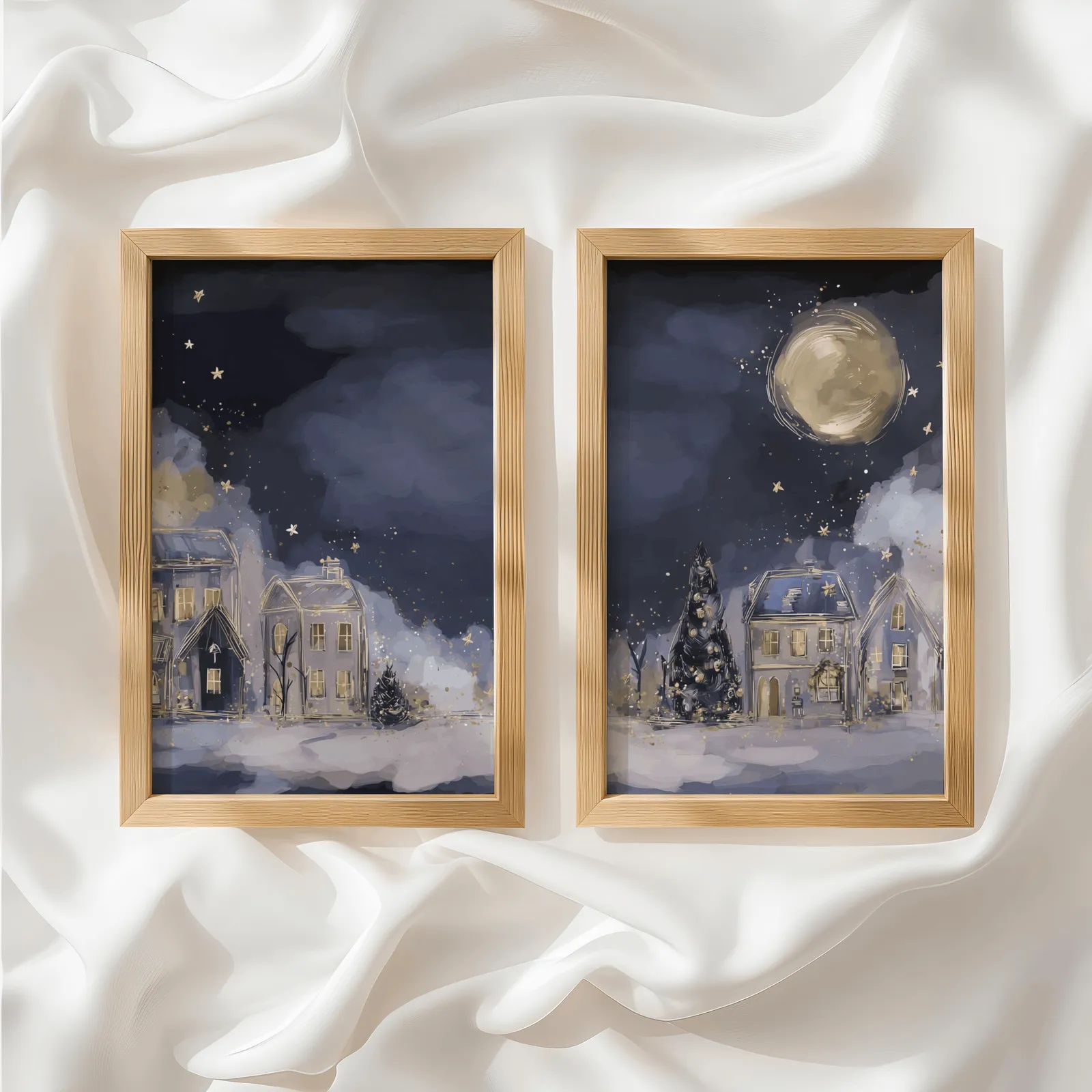 blue night village landscape wall art set of two, side by side atop rumpled white silky fabric
