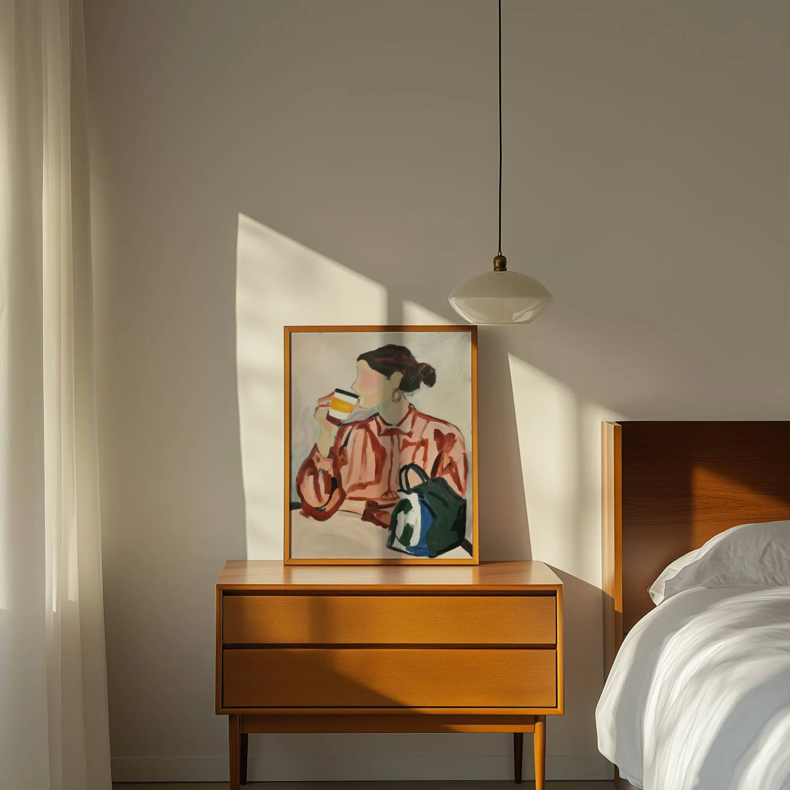 woman drinking coffee modern portrait wall art, propped on a wooden dresser beside a pendant lamp