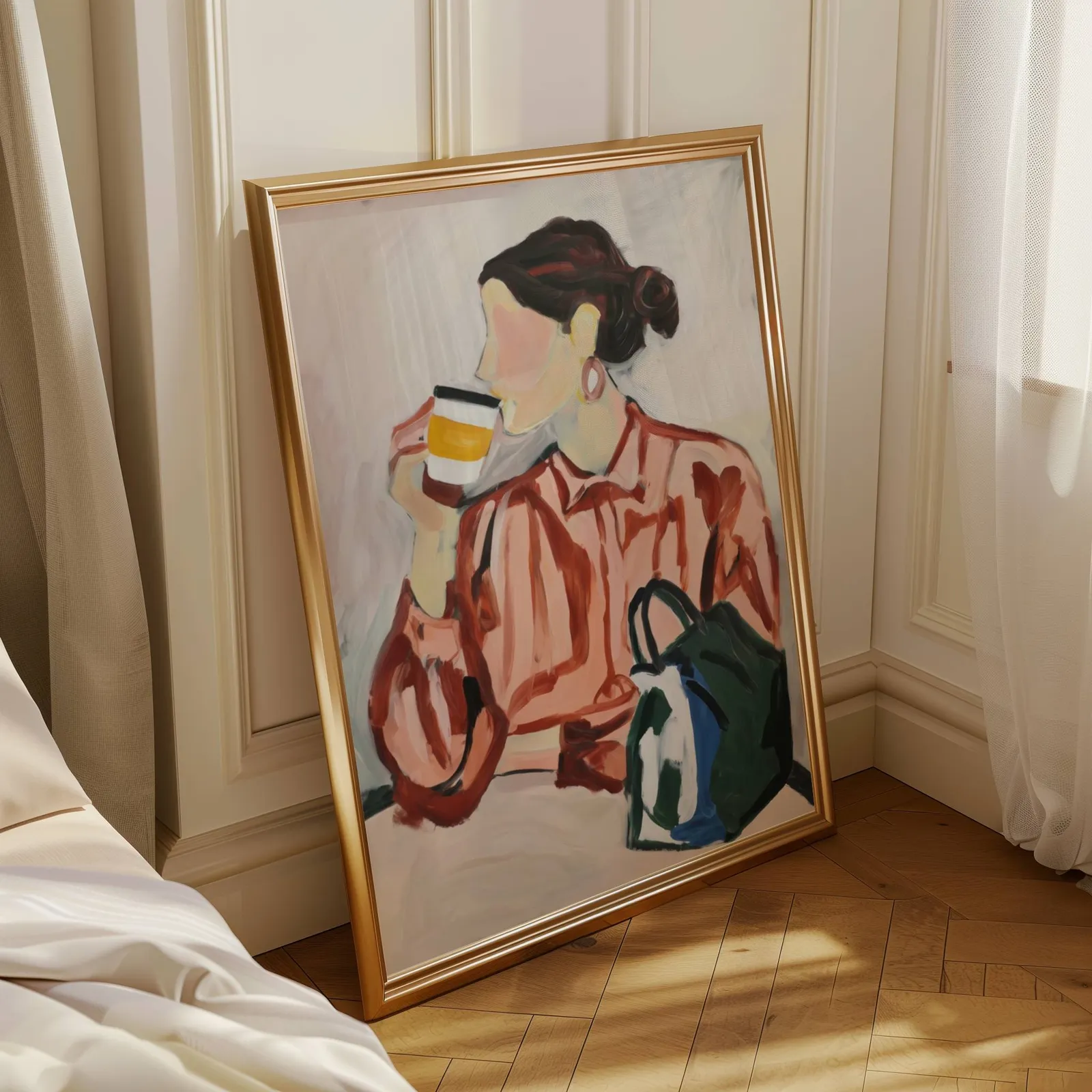 woman drinking coffee modern portrait wall art, leaning in a sunlit corner beside sheer curtains and herringbone floor